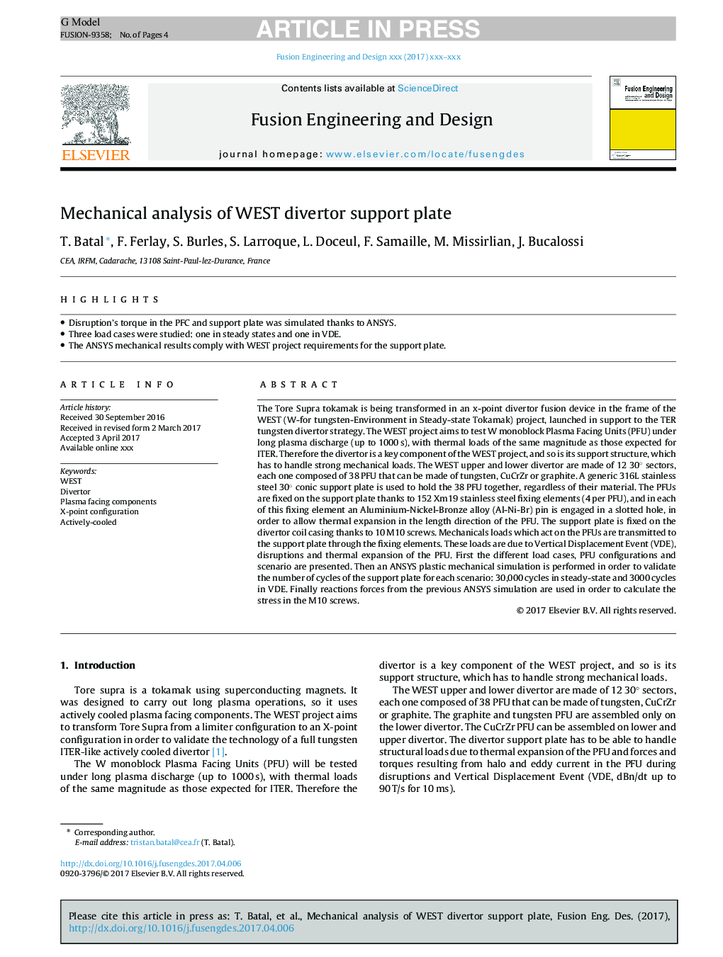 عکس صفحه اول مقاله: Mechanical analysis of WEST divertor support plate Mechanical analysis of WEST divertor support plate