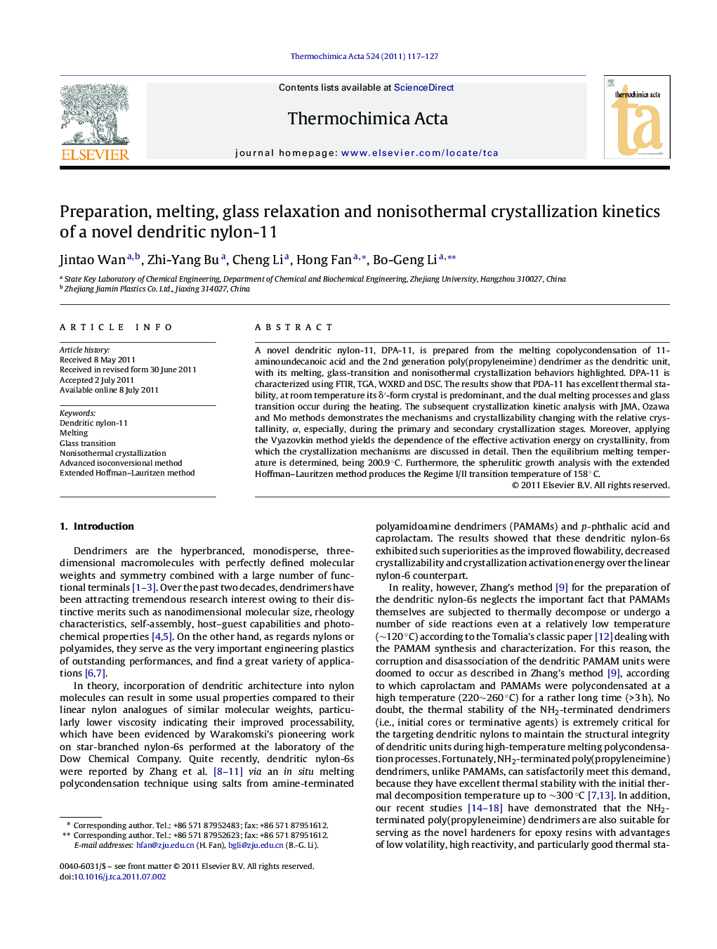 Preparation, melting, glass relaxation and nonisothermal crystallization kinetics of a novel dendritic nylon-11