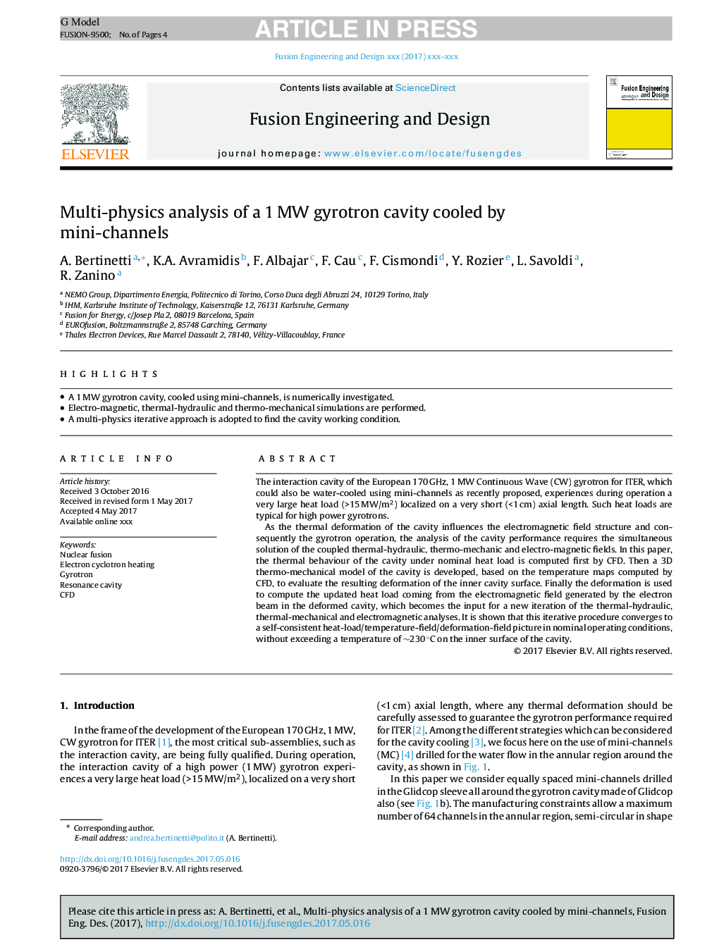 Multi-physics analysis of a 1Â MW gyrotron cavity cooled by mini-channels