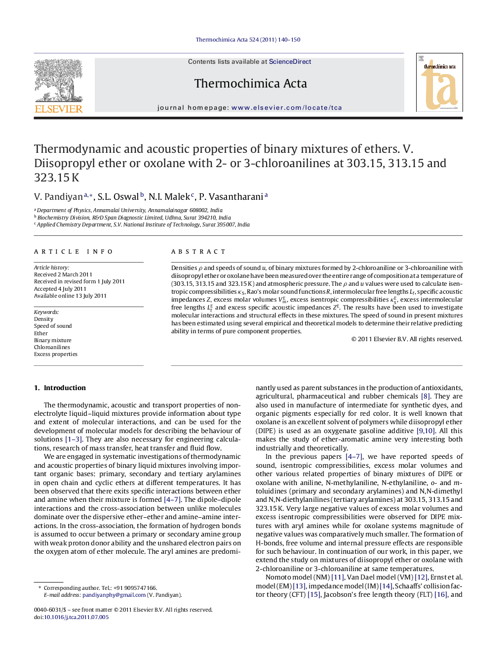 Thermodynamic and acoustic properties of binary mixtures of ethers. V. Diisopropyl ether or oxolane with 2- or 3-chloroanilines at 303.15, 313.15 and 323.15 K