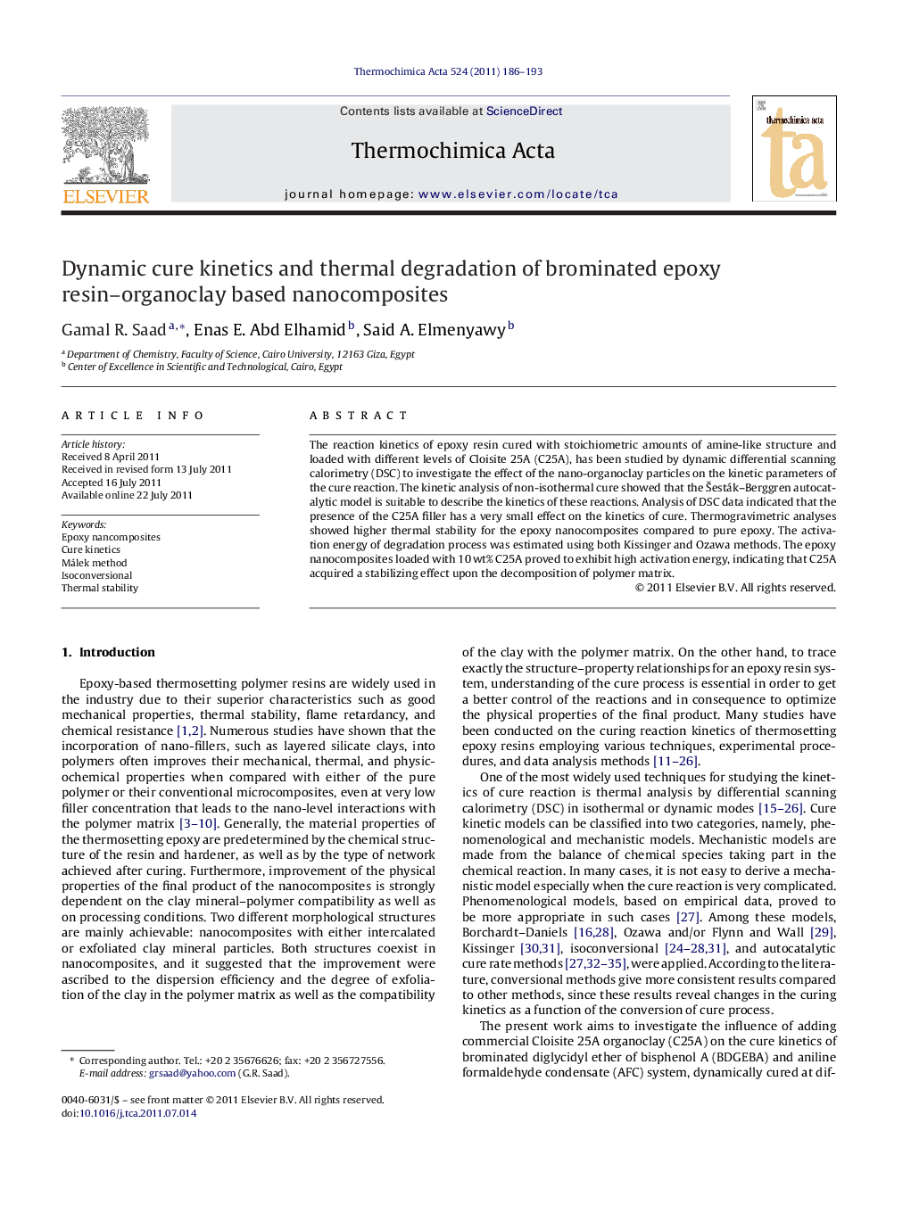 Dynamic cure kinetics and thermal degradation of brominated epoxy resin–organoclay based nanocomposites