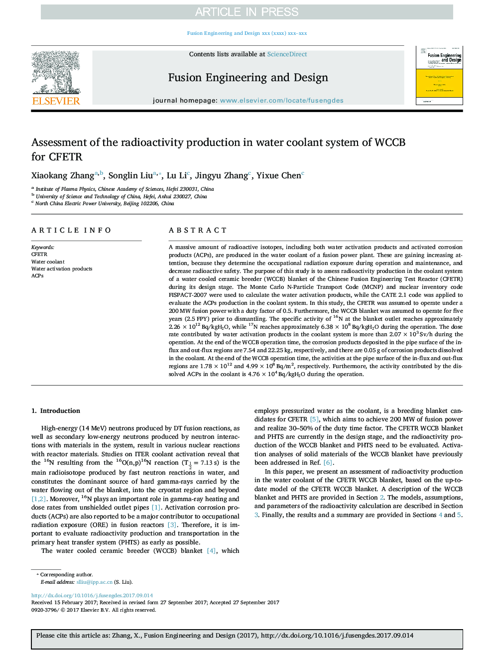 Assessment of the radioactivity production in water coolant system of WCCB for CFETR