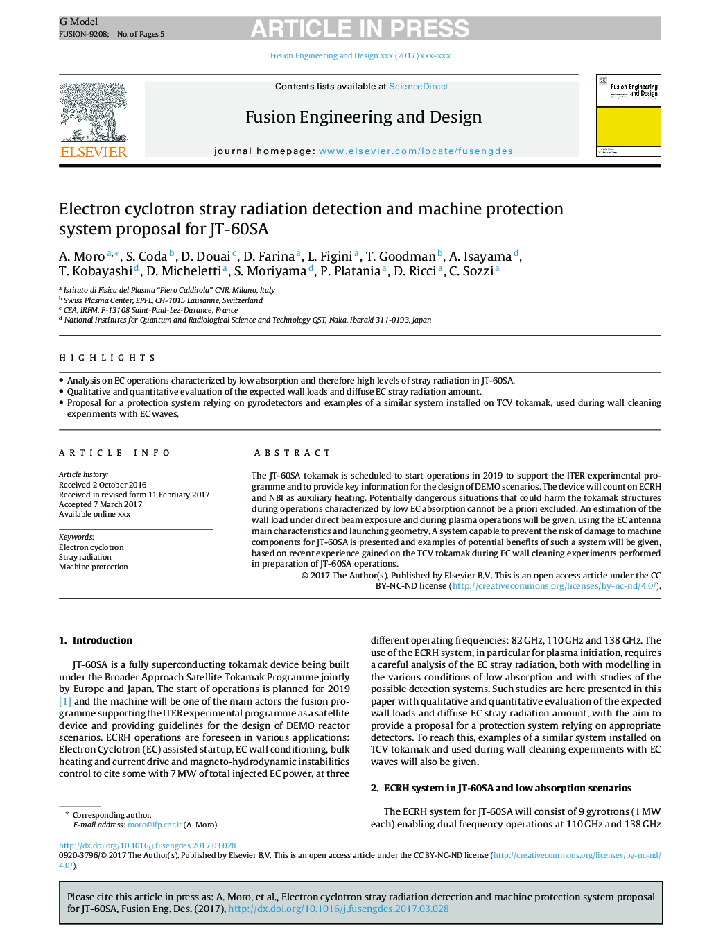 Electron cyclotron stray radiation detection and machine protection system proposal for JT-60SA