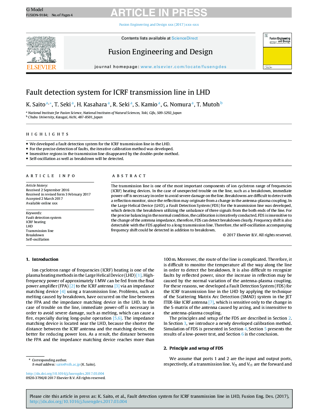 Fault detection system for ICRF transmission line in LHD