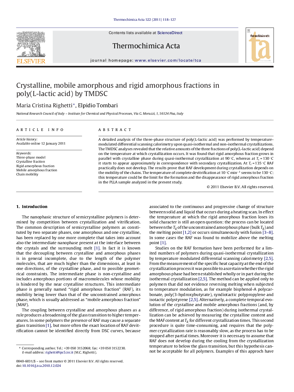 Crystalline, mobile amorphous and rigid amorphous fractions in poly(L-lactic acid) by TMDSC