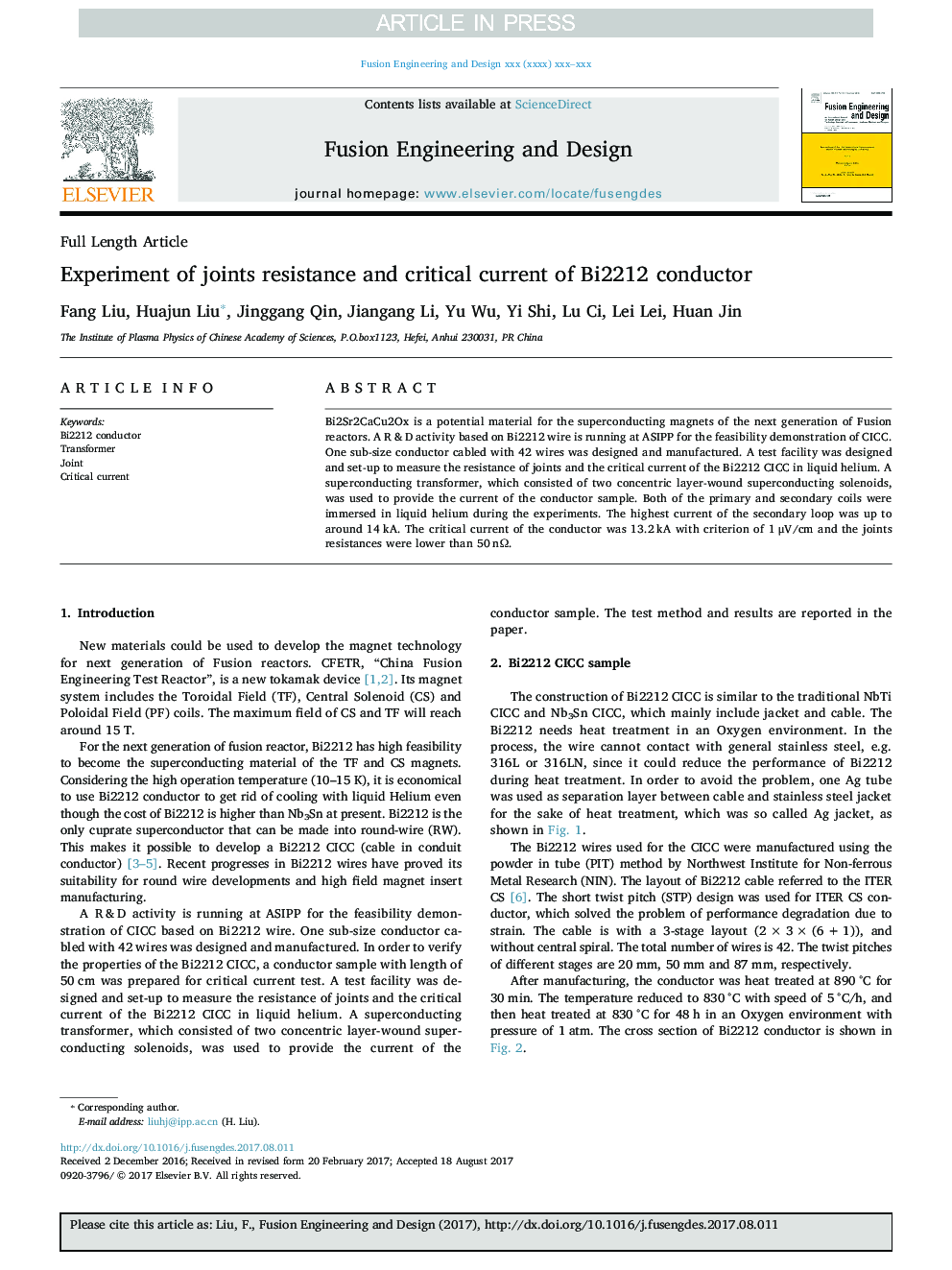 Experiment of joints resistance and critical current of Bi2212 conductor