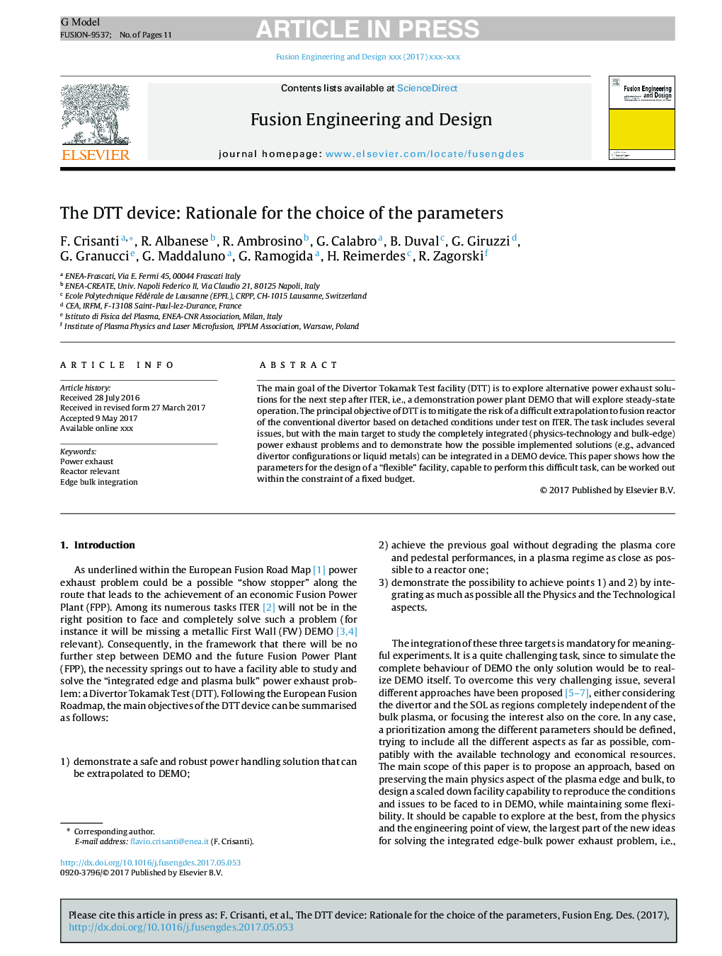 The DTT device: Rationale for the choice of the parameters