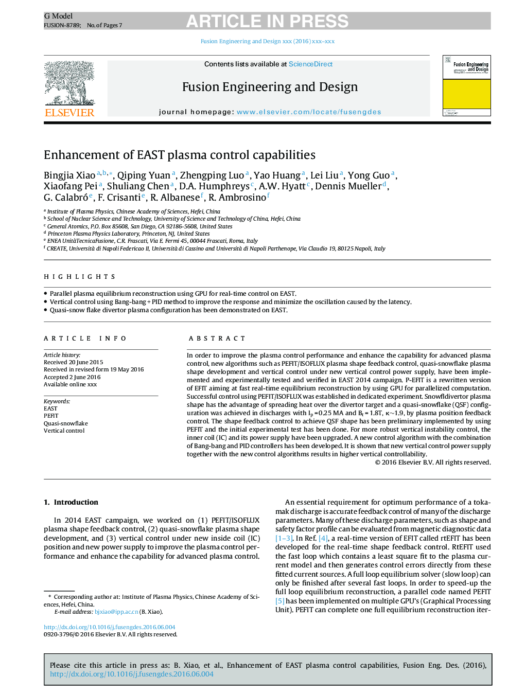 عکس صفحه اول مقاله: Enhancement of EAST plasma control capabilities Enhancement of EAST plasma control capabilities