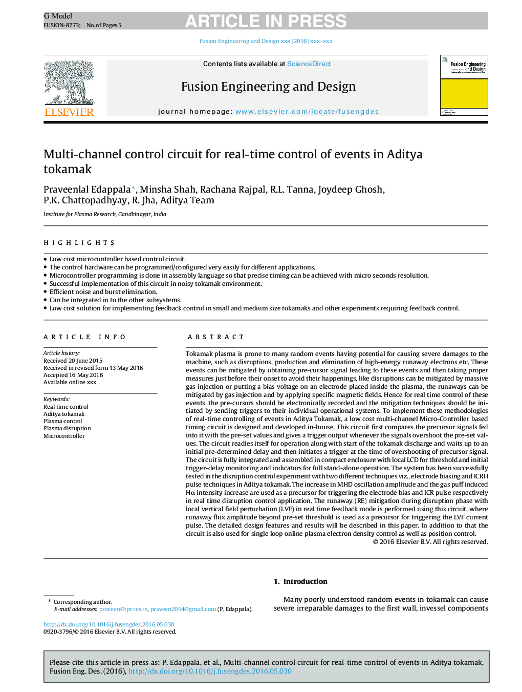 Multi-channel control circuit for real-time control of events in Aditya tokamak