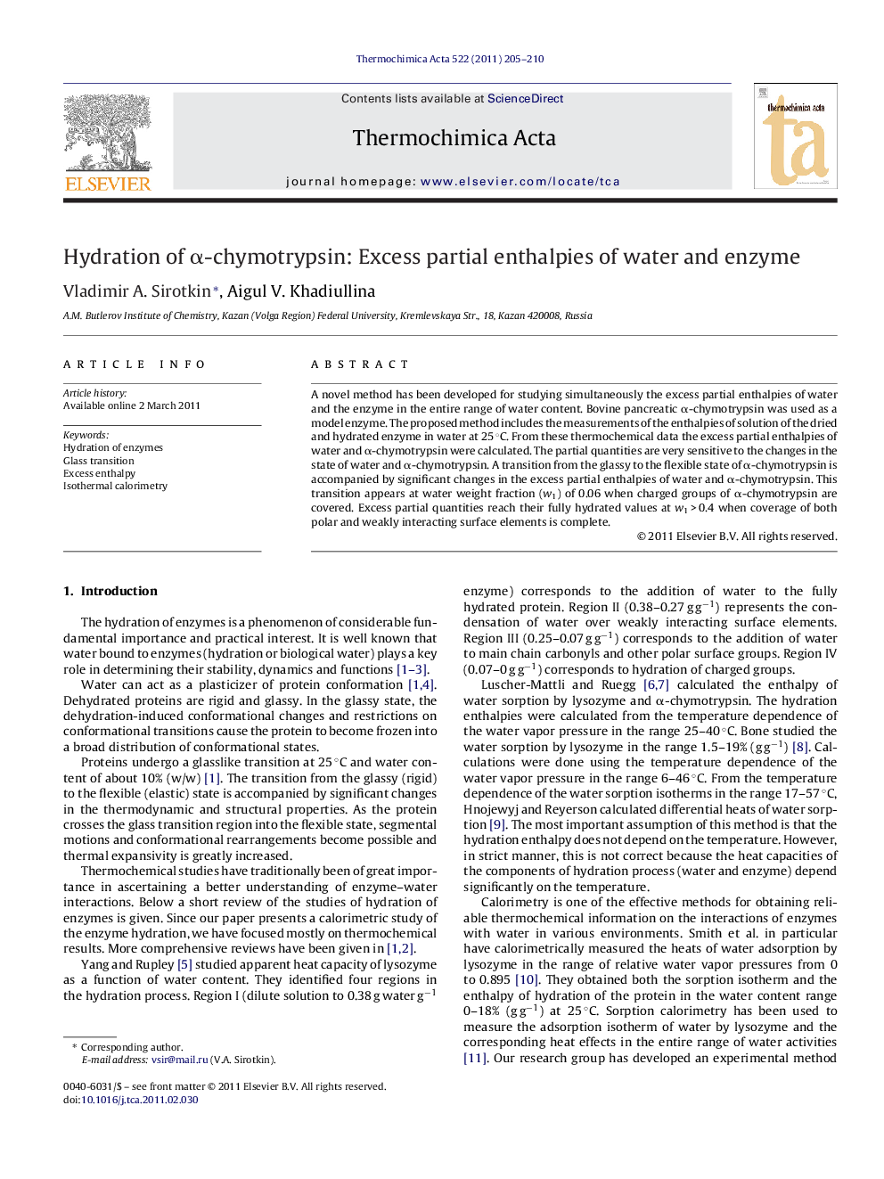 Hydration of α-chymotrypsin: Excess partial enthalpies of water and enzyme