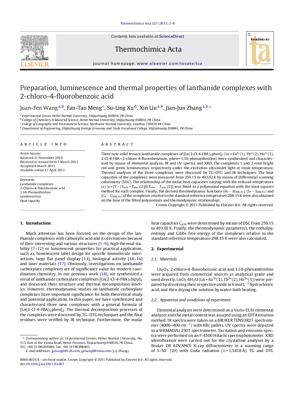 Preparation, luminescence and thermal properties of lanthanide complexes with 2-chloro-4-fluorobenzoic acid