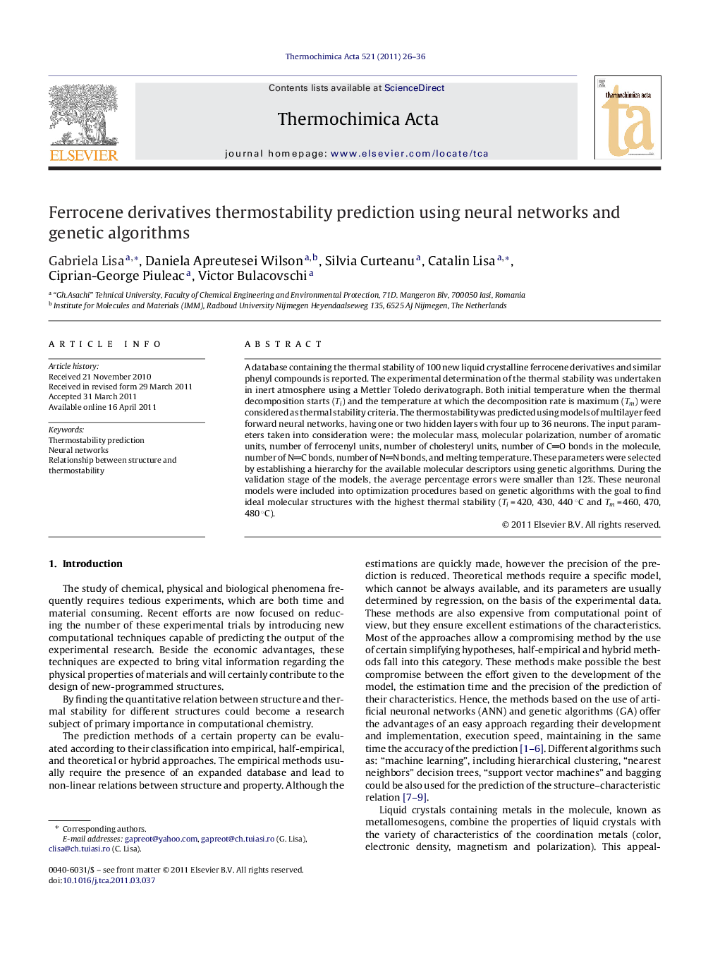 Ferrocene derivatives thermostability prediction using neural networks and genetic algorithms