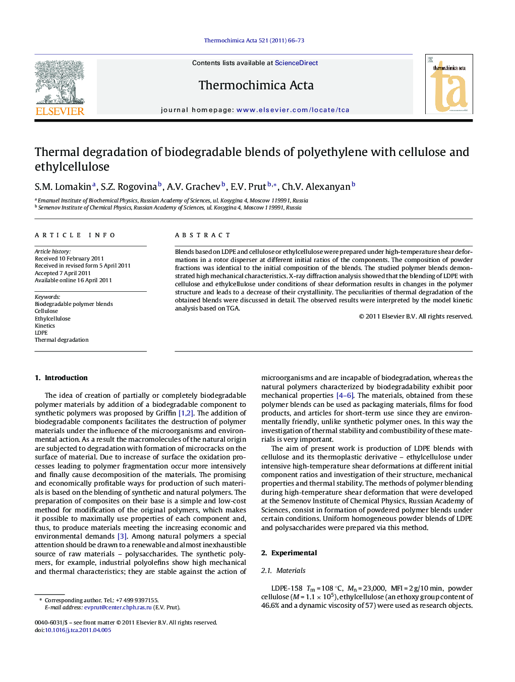 Thermal degradation of biodegradable blends of polyethylene with cellulose and ethylcellulose