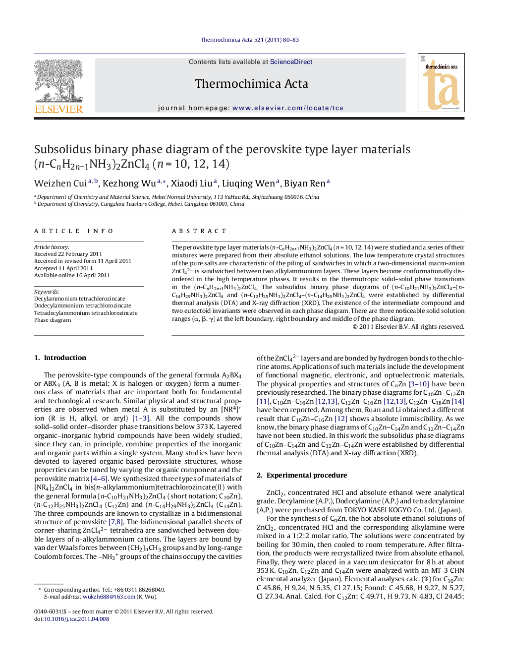 Subsolidus binary phase diagram of the perovskite type layer materials (n-CnH2n+1NH3)2ZnCl4 (n = 10, 12, 14)