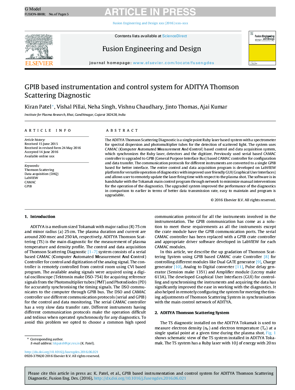 GPIB based instrumentation and control system for ADITYA Thomson Scattering Diagnostic