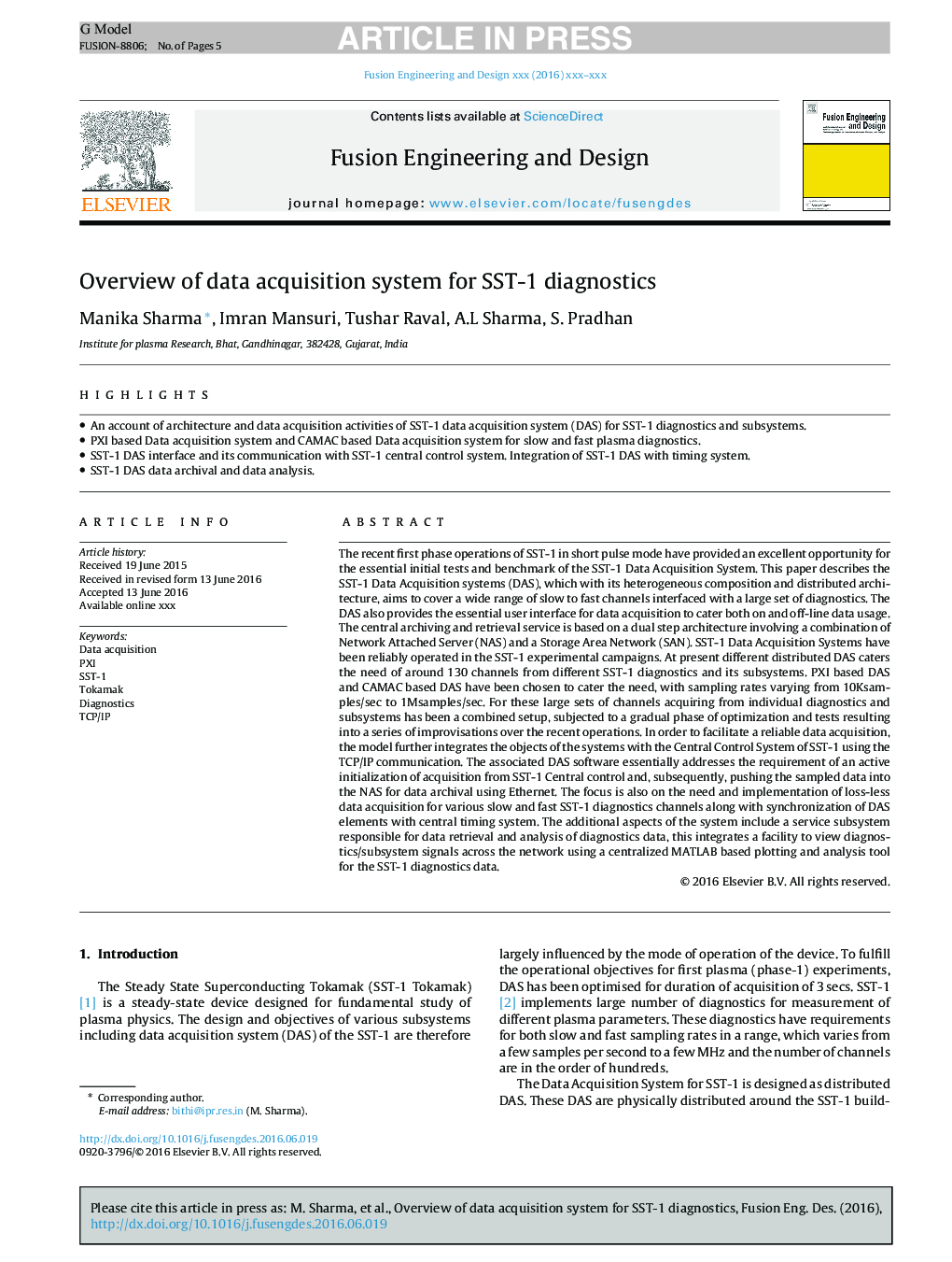 Overview of data acquisition system for SST-1 diagnostics