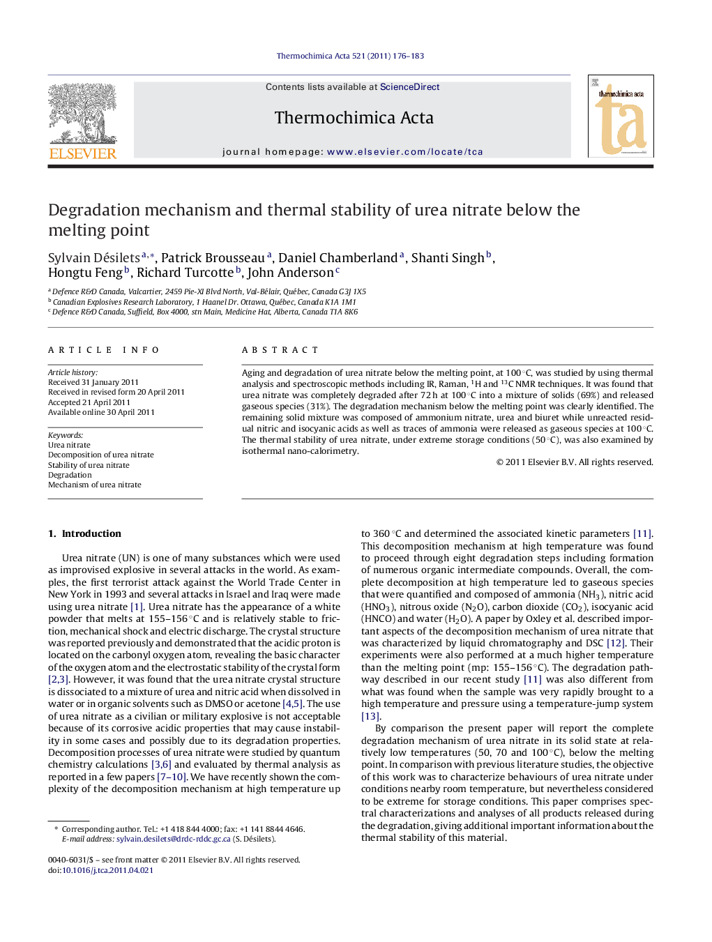 Degradation mechanism and thermal stability of urea nitrate below the melting point