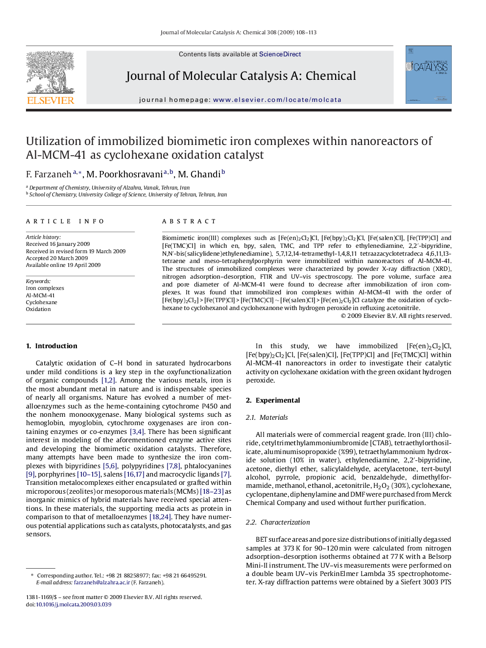 Utilization of immobilized biomimetic iron complexes within nanoreactors of Al-MCM-41 as cyclohexane oxidation catalyst