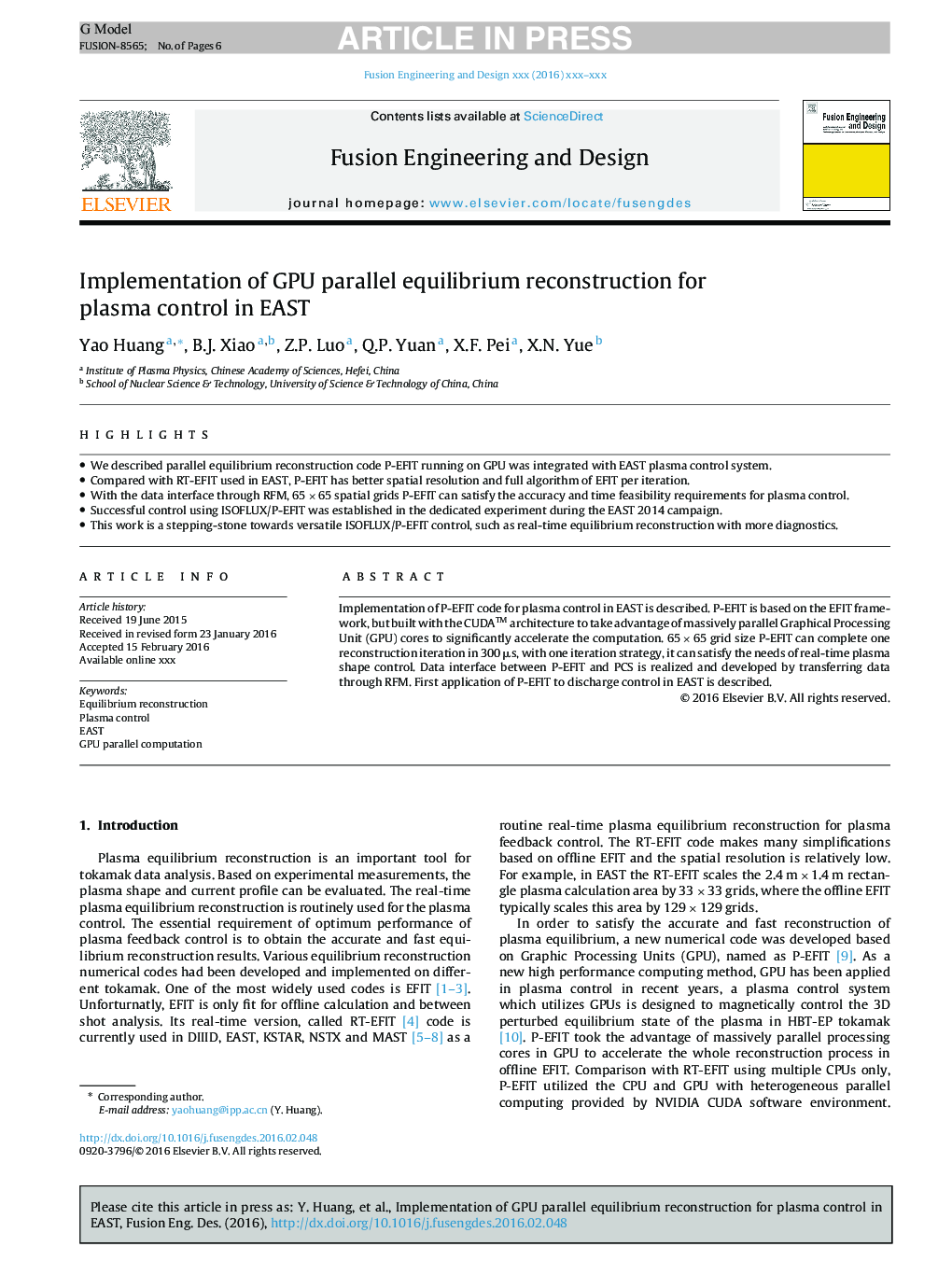 عکس صفحه اول مقاله: Implementation of GPU parallel equilibrium reconstruction for plasma control in EAST Implementation of GPU parallel equilibrium reconstruction for plasma control in EAST
