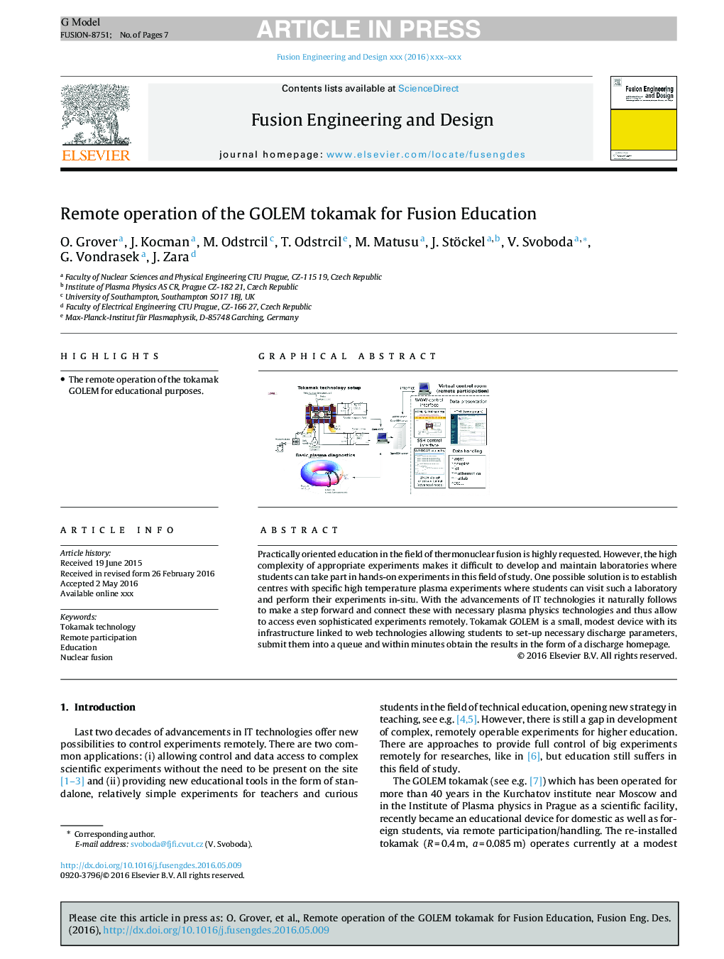 Remote operation of the GOLEM tokamak for Fusion Education