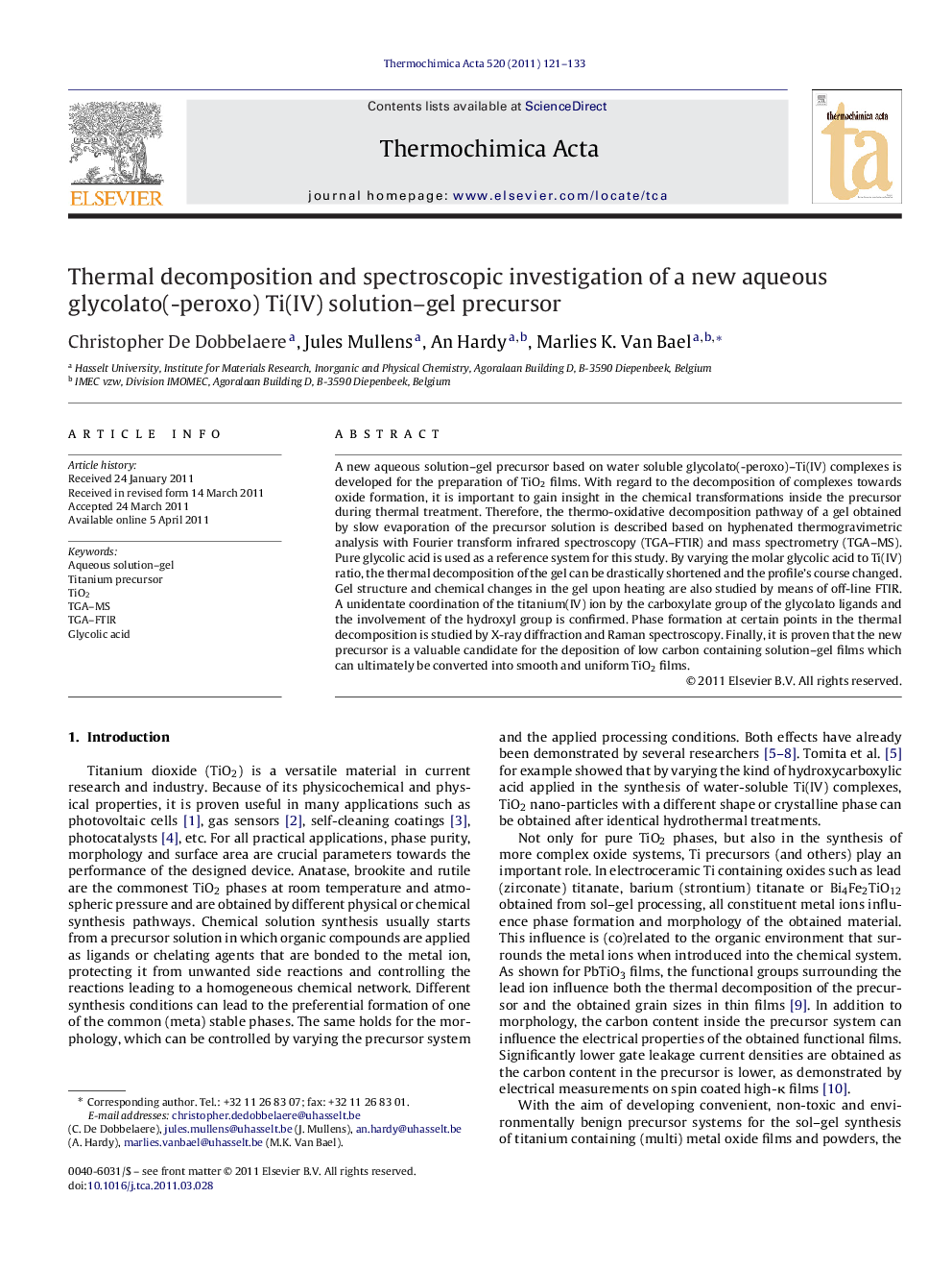 Thermal decomposition and spectroscopic investigation of a new aqueous glycolato(-peroxo) Ti(IV) solution–gel precursor