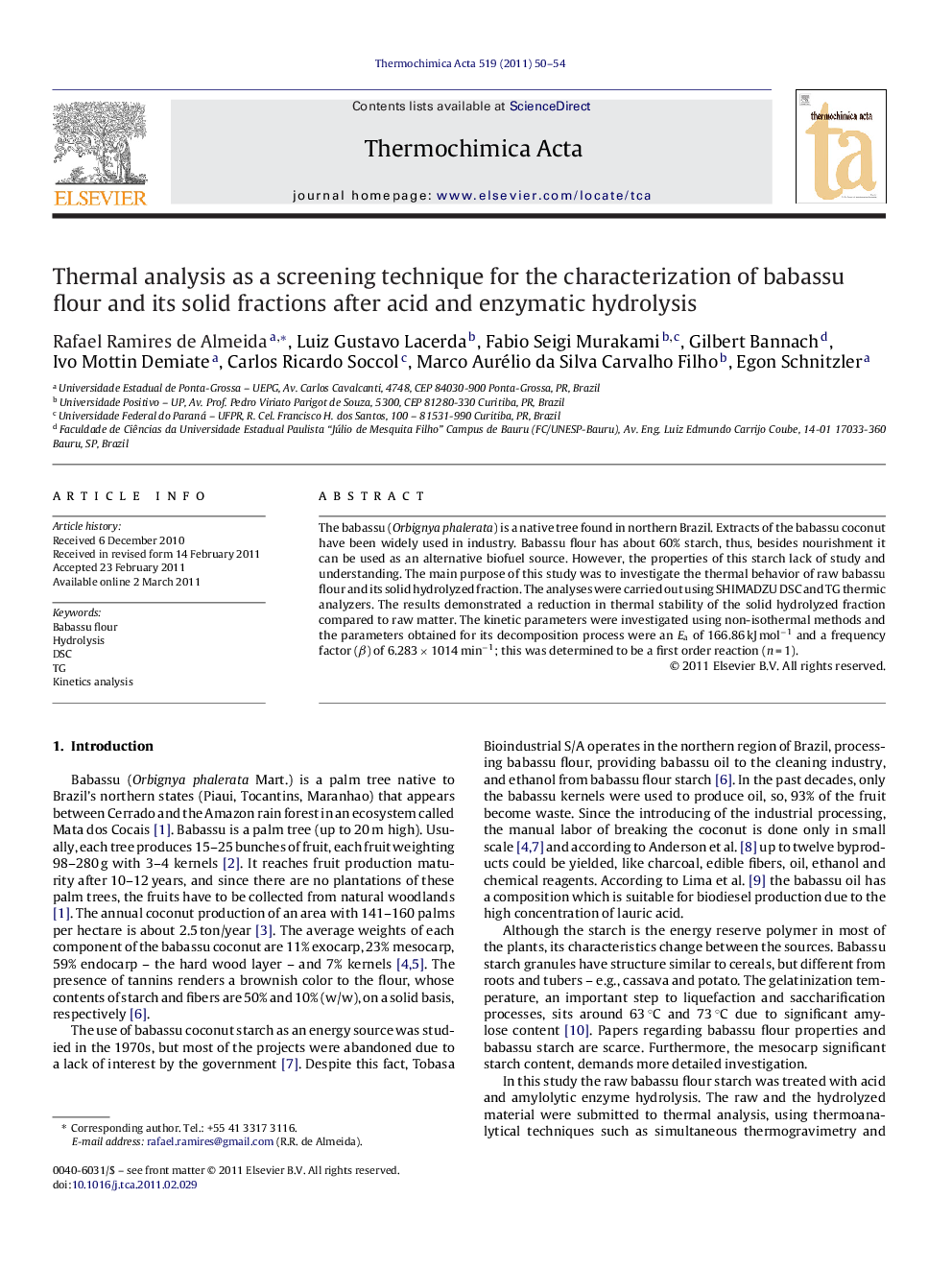 Thermal analysis as a screening technique for the characterization of babassu flour and its solid fractions after acid and enzymatic hydrolysis