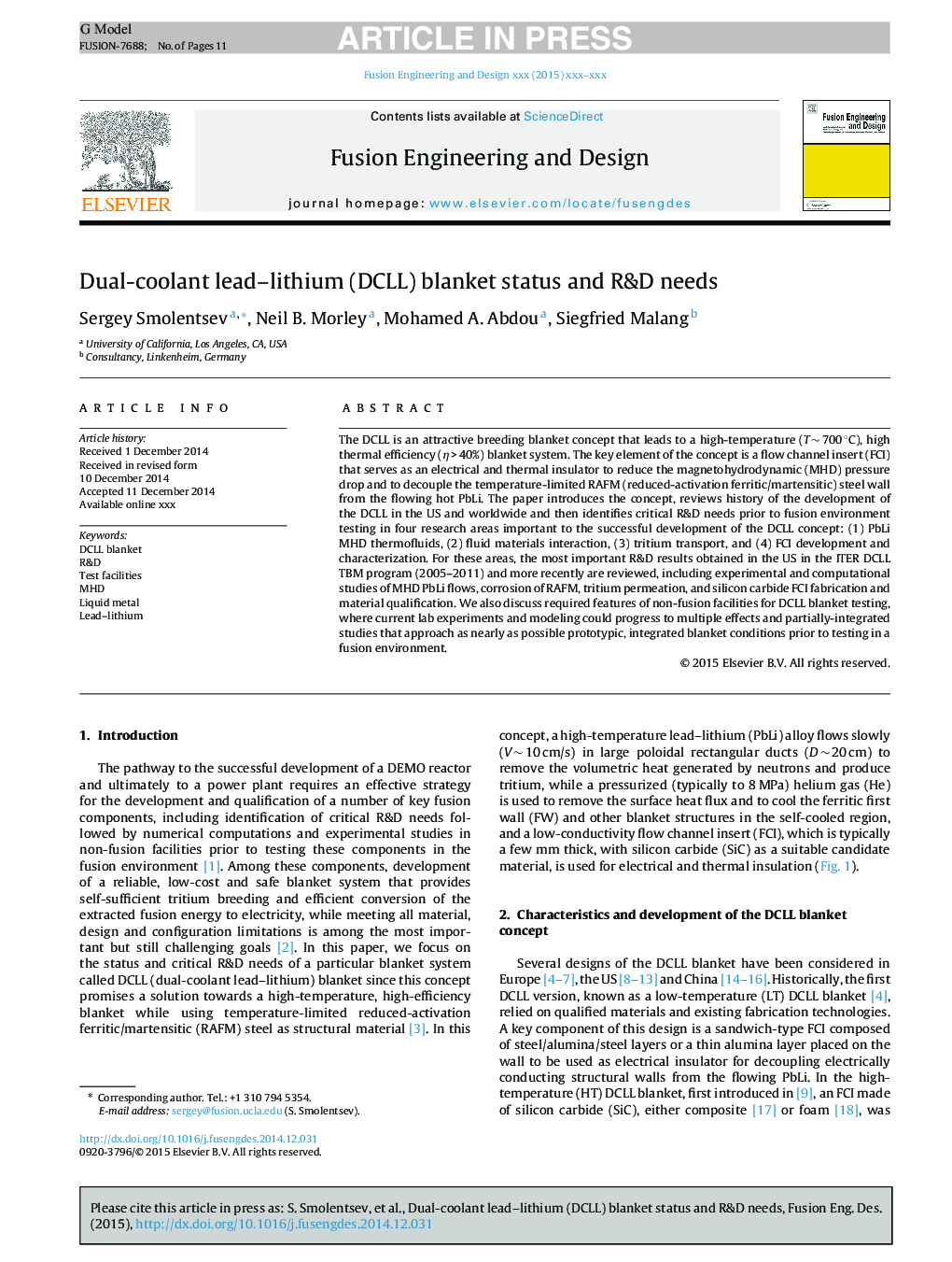 Dual-coolant lead-lithium (DCLL) blanket status and R&D needs