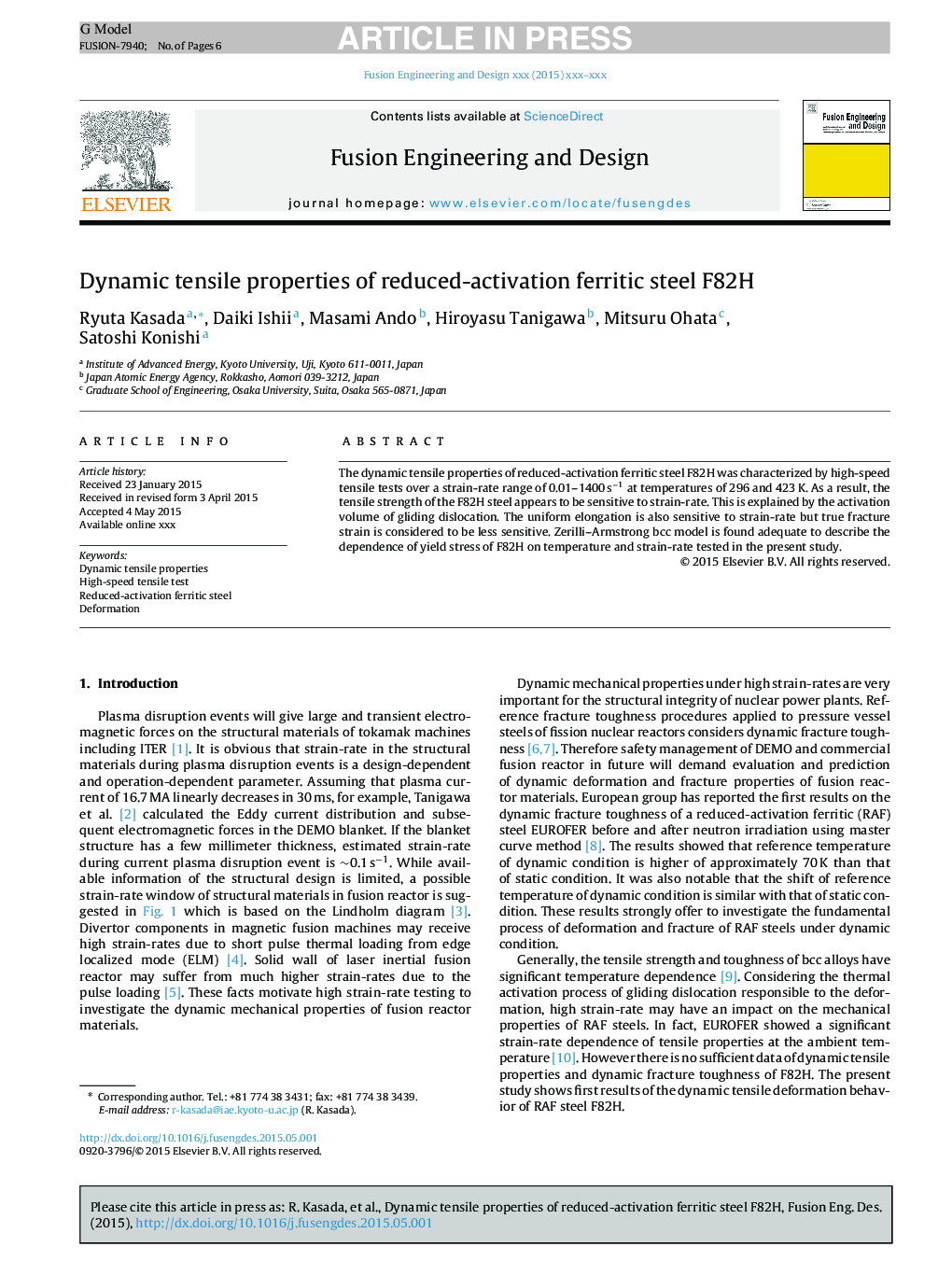 Dynamic tensile properties of reduced-activation ferritic steel F82H