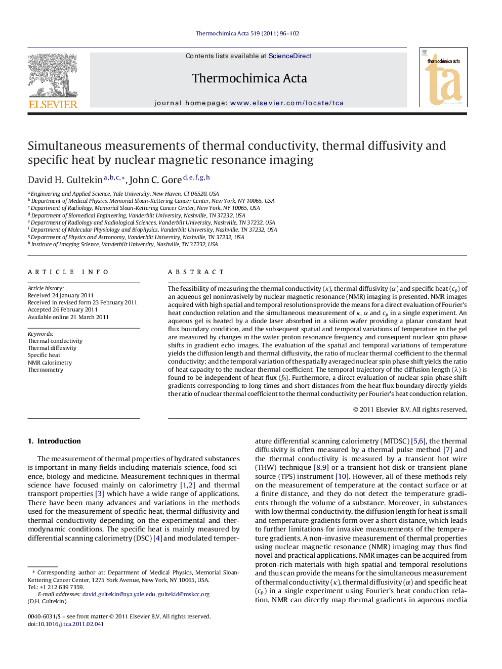 Simultaneous measurements of thermal conductivity, thermal diffusivity and specific heat by nuclear magnetic resonance imaging