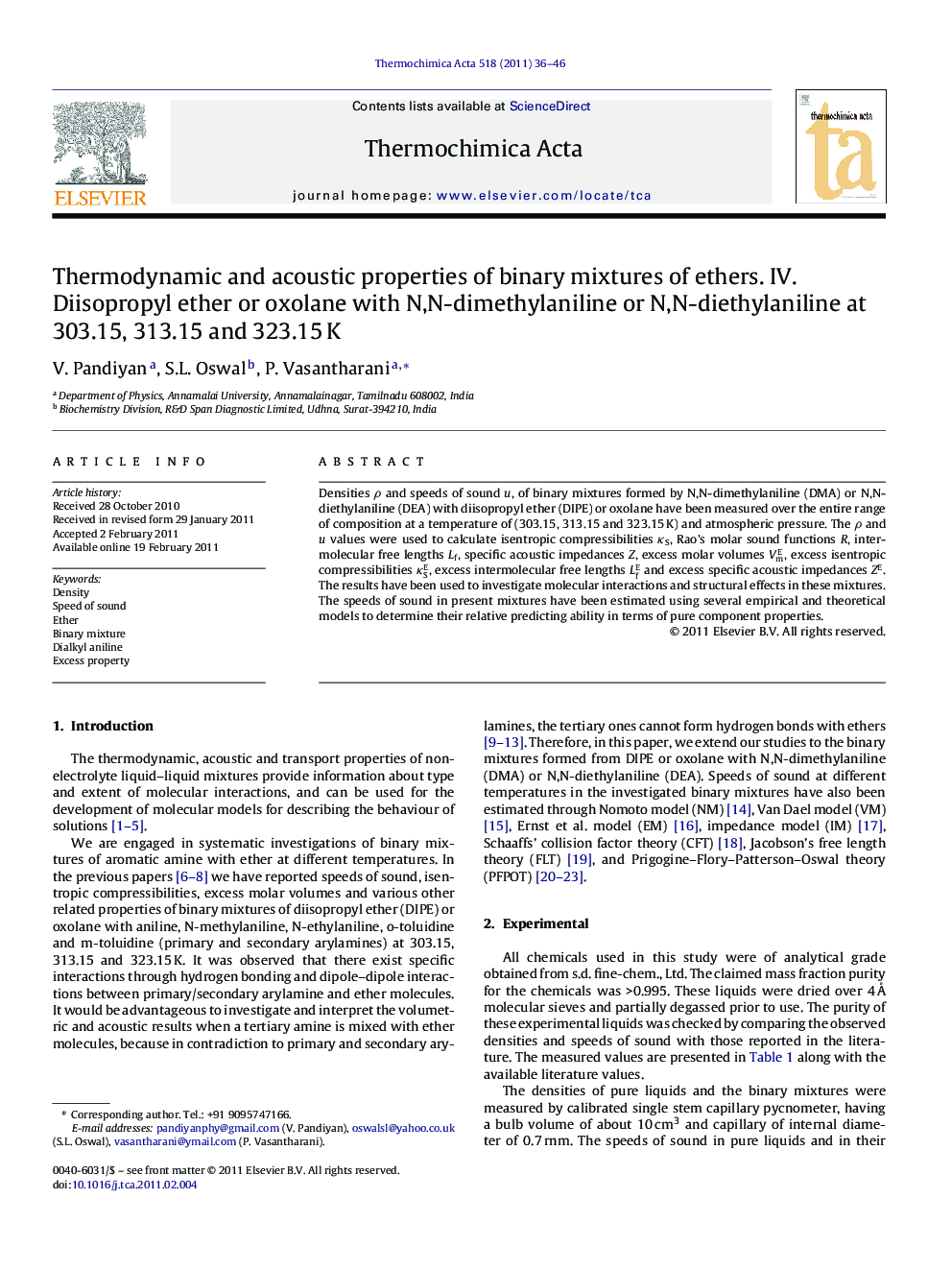 Thermodynamic and acoustic properties of binary mixtures of ethers. IV. Diisopropyl ether or oxolane with N,N-dimethylaniline or N,N-diethylaniline at 303.15, 313.15 and 323.15Â K