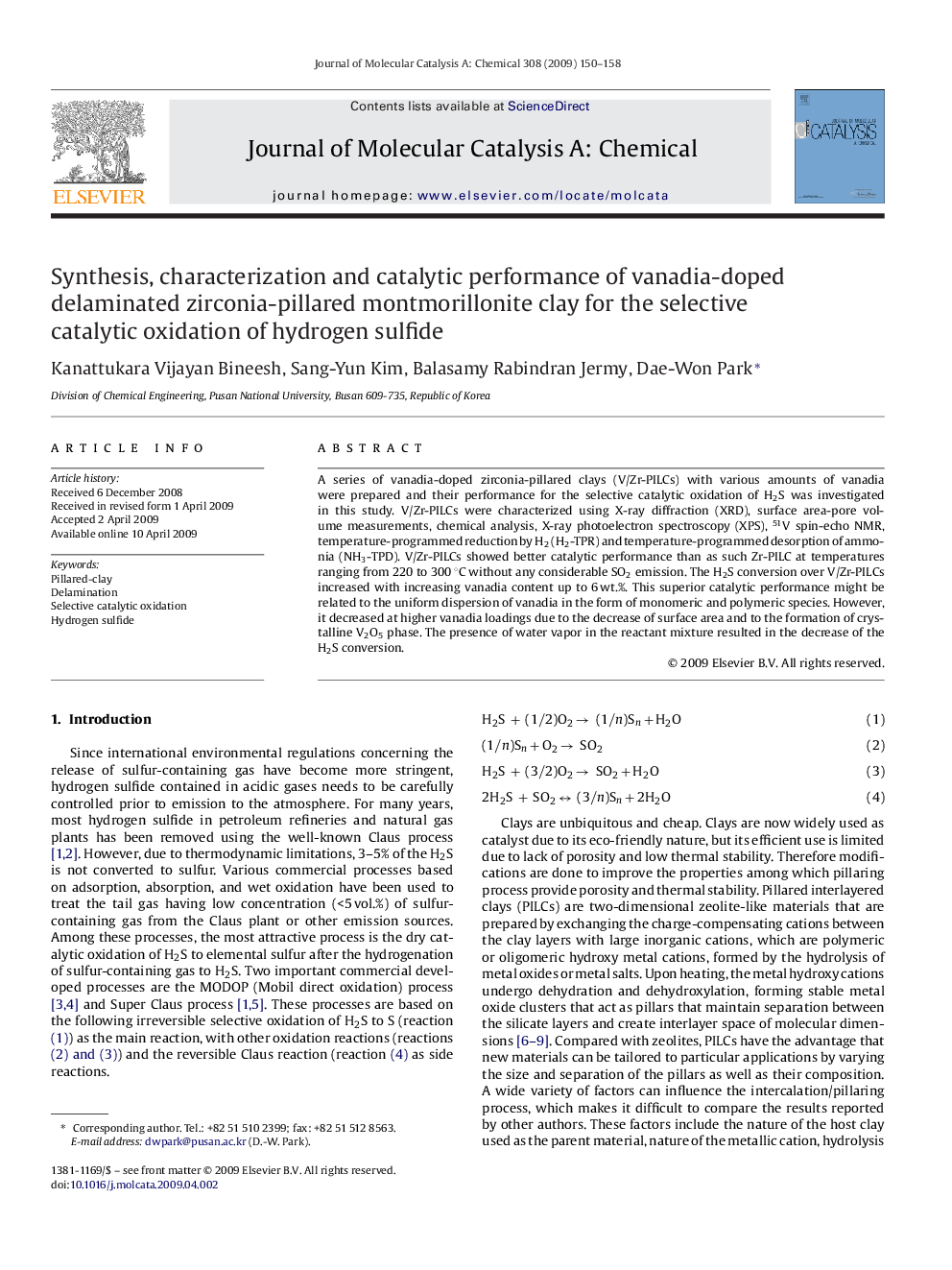 Synthesis, characterization and catalytic performance of vanadia-doped delaminated zirconia-pillared montmorillonite clay for the selective catalytic oxidation of hydrogen sulfide