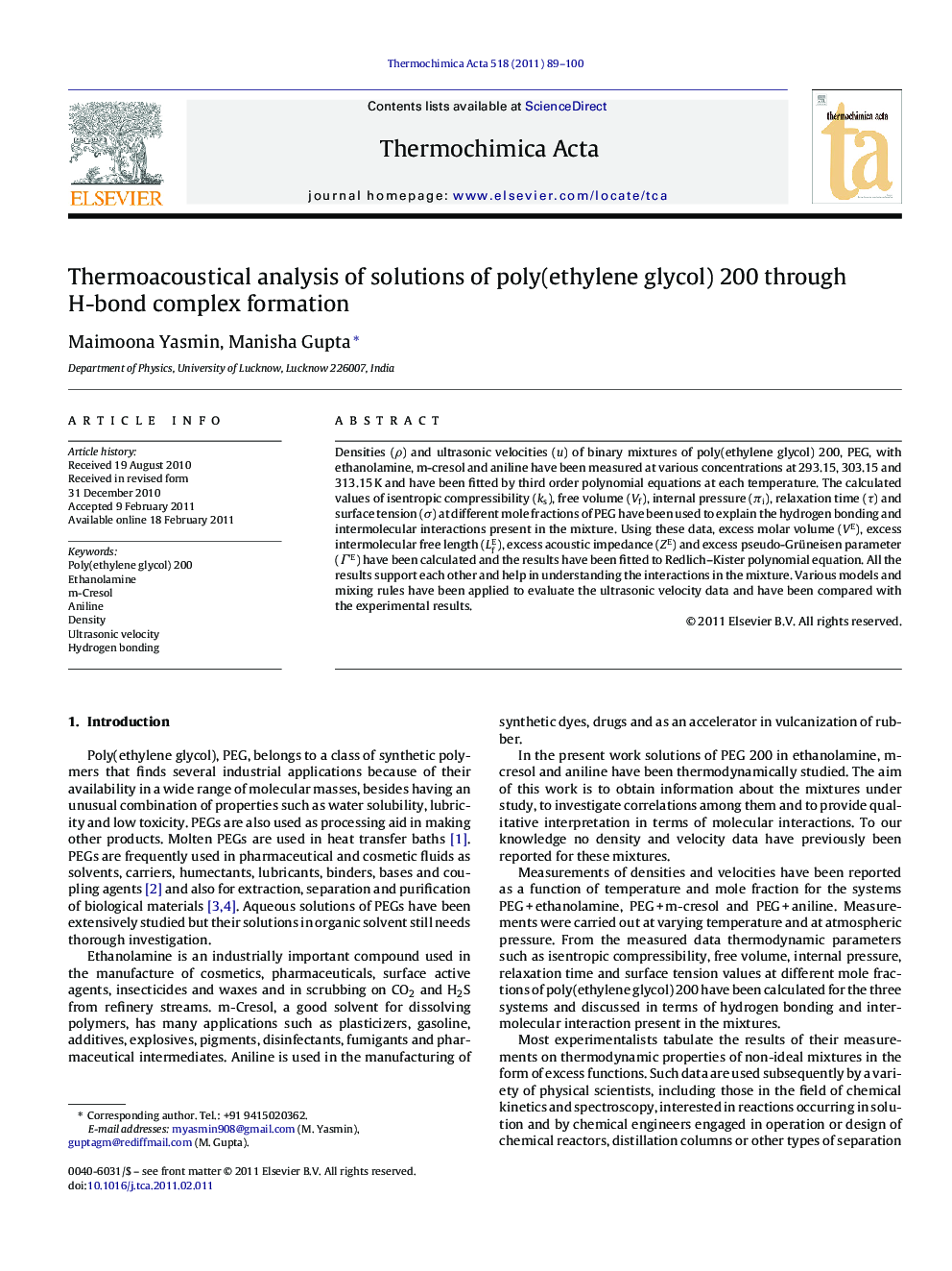 Thermoacoustical analysis of solutions of poly(ethylene glycol) 200 through H-bond complex formation