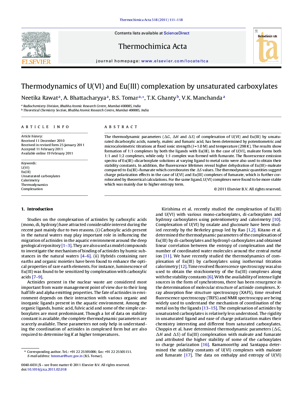 Thermodynamics of U(VI) and Eu(III) complexation by unsaturated carboxylates