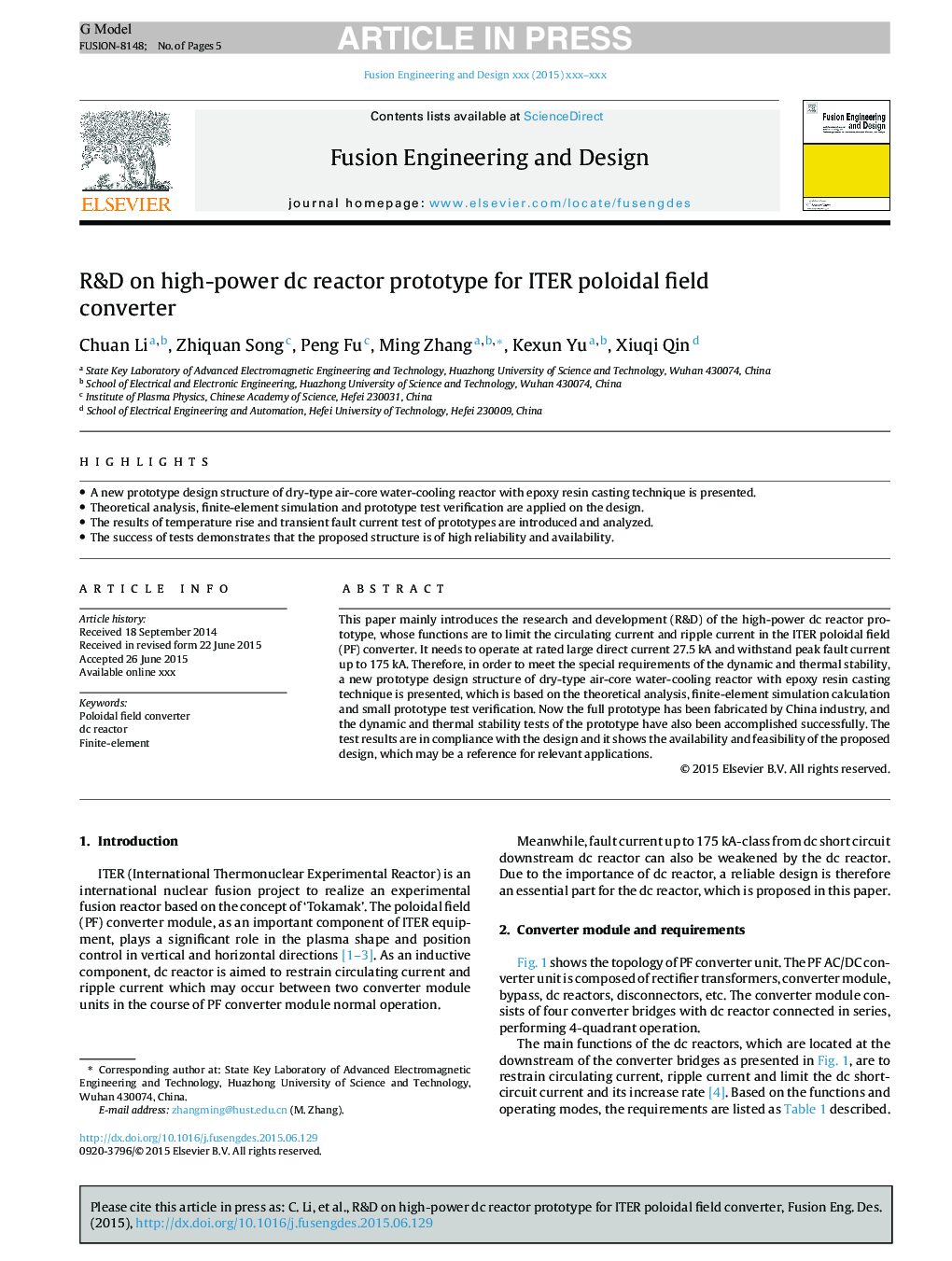 R&D on high-power dc reactor prototype for ITER poloidal field converter