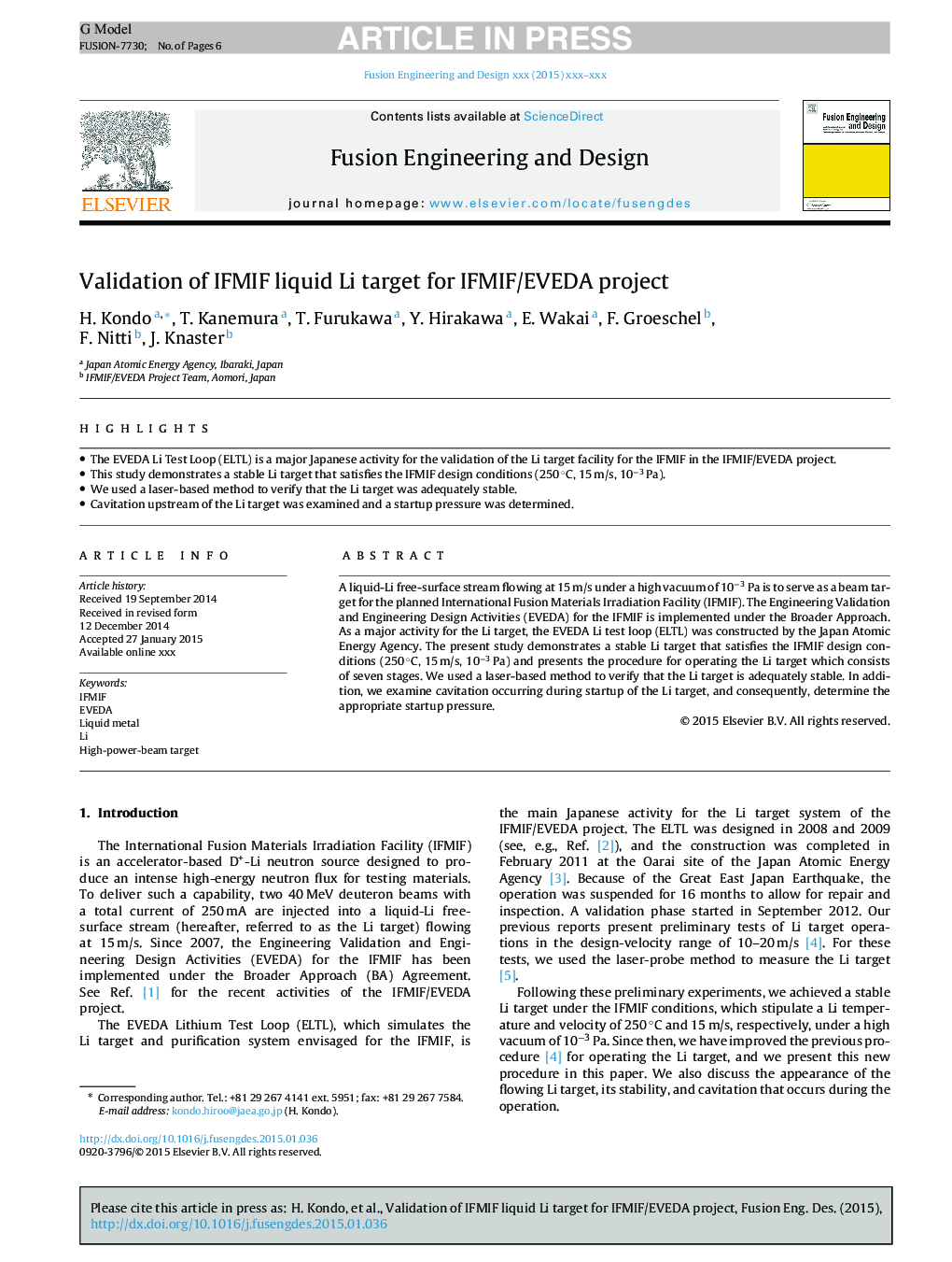 Validation of IFMIF liquid Li target for IFMIF/EVEDA project