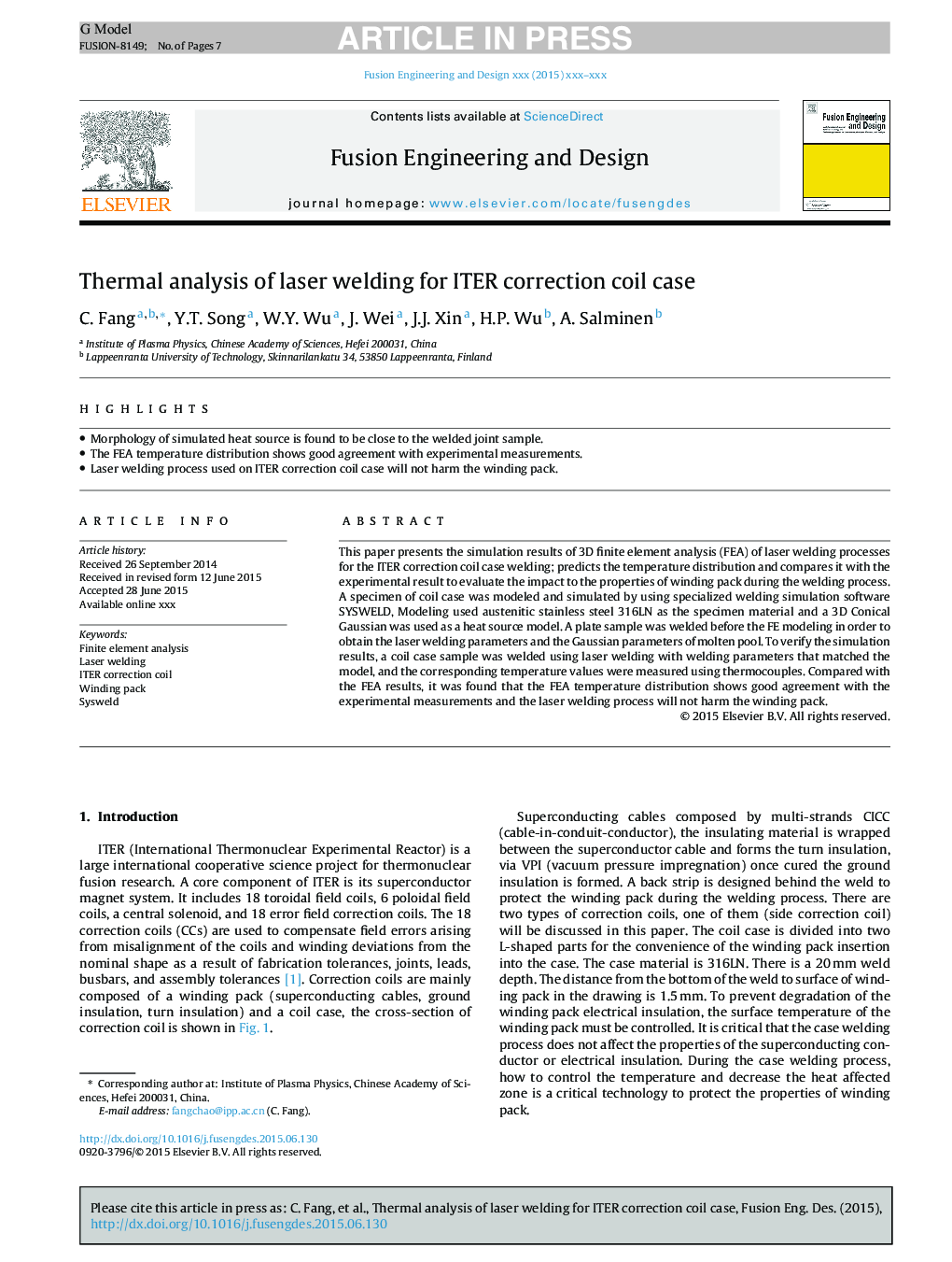 Thermal analysis of laser welding for ITER correction coil case