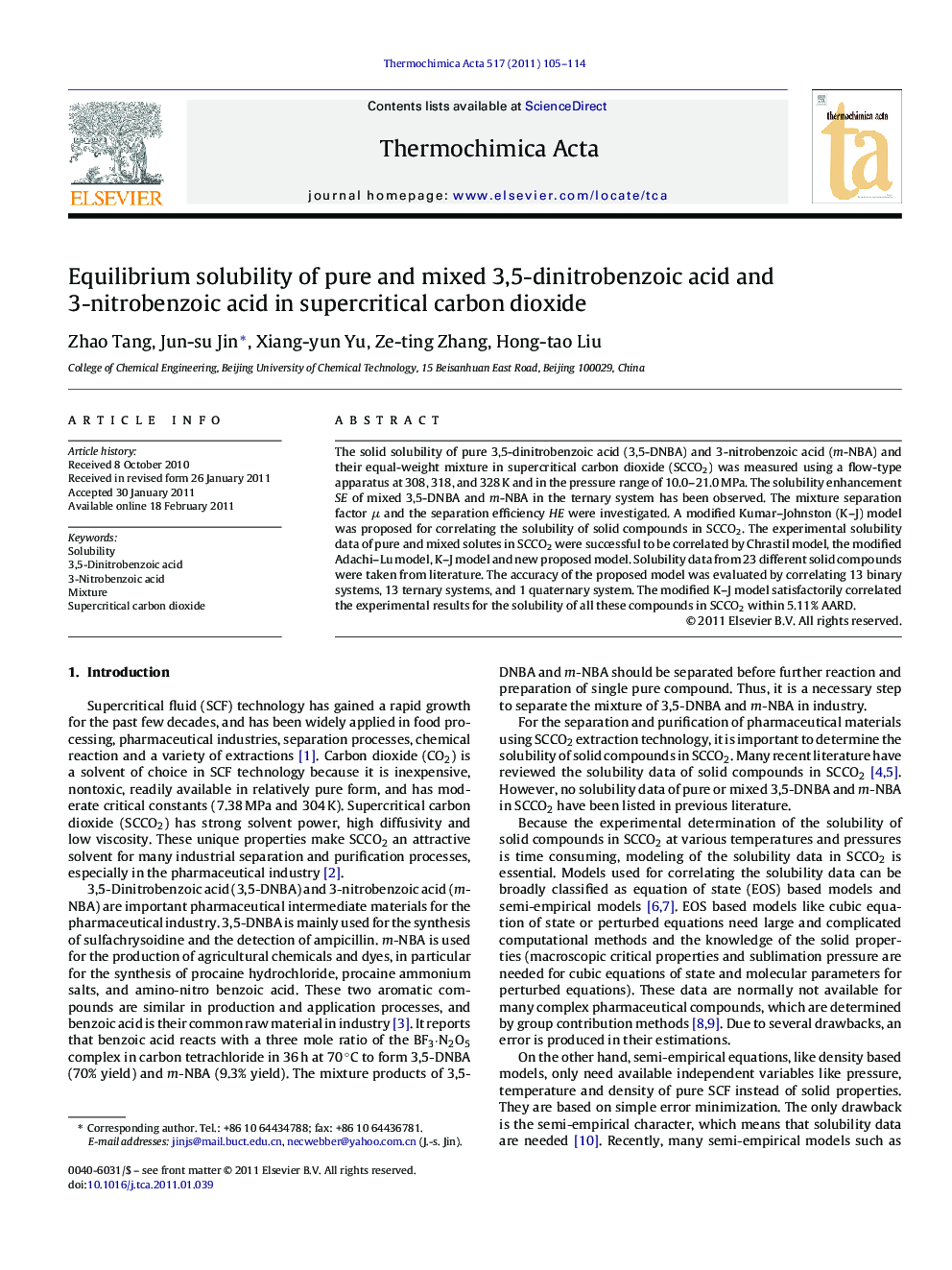 Equilibrium solubility of pure and mixed 3,5-dinitrobenzoic acid and 3-nitrobenzoic acid in supercritical carbon dioxide