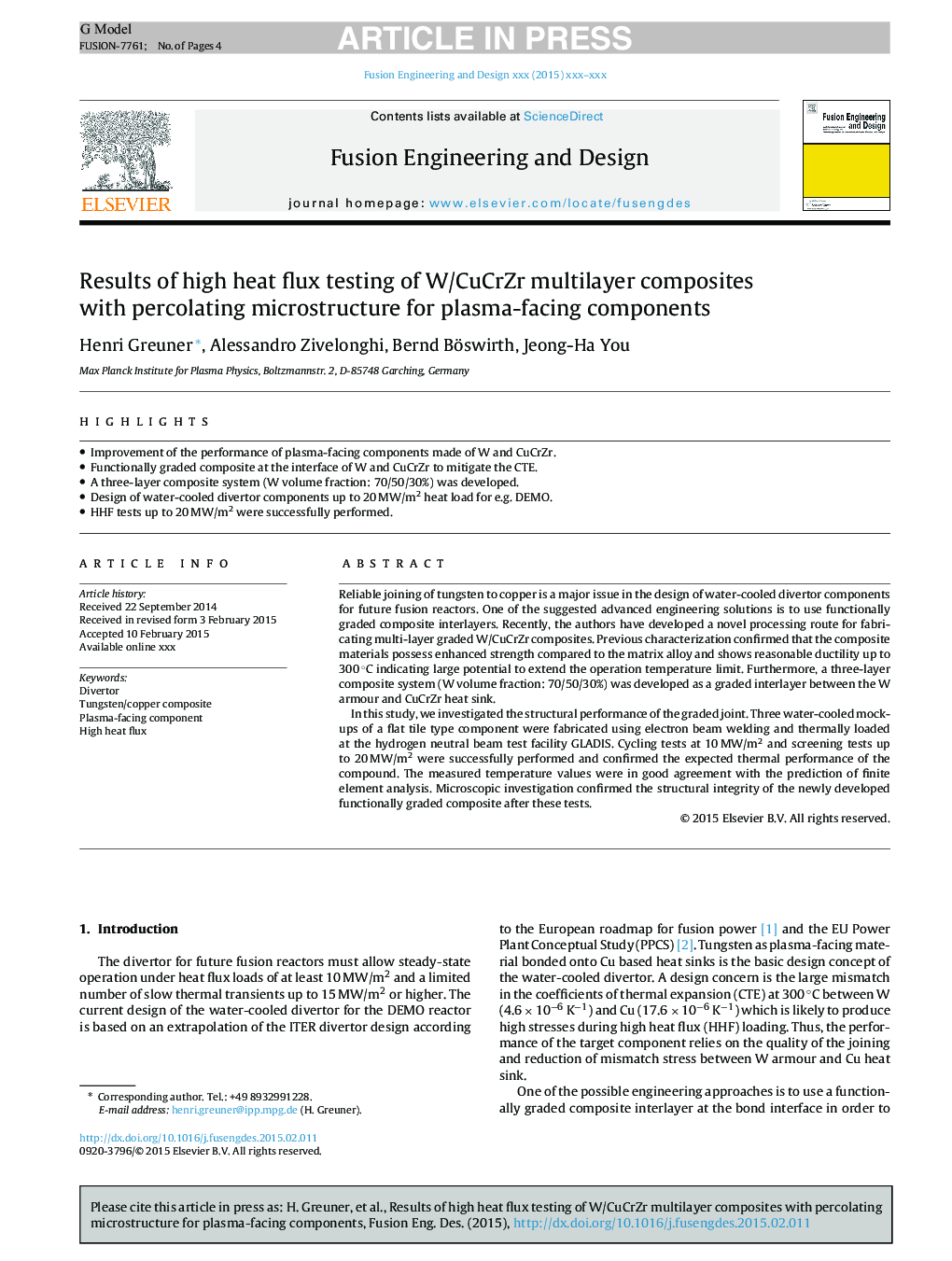 Results of high heat flux testing of W/CuCrZr multilayer composites with percolating microstructure for plasma-facing components