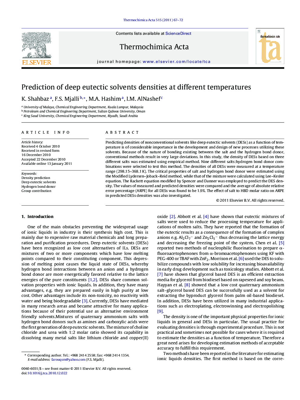 Prediction of deep eutectic solvents densities at different temperatures