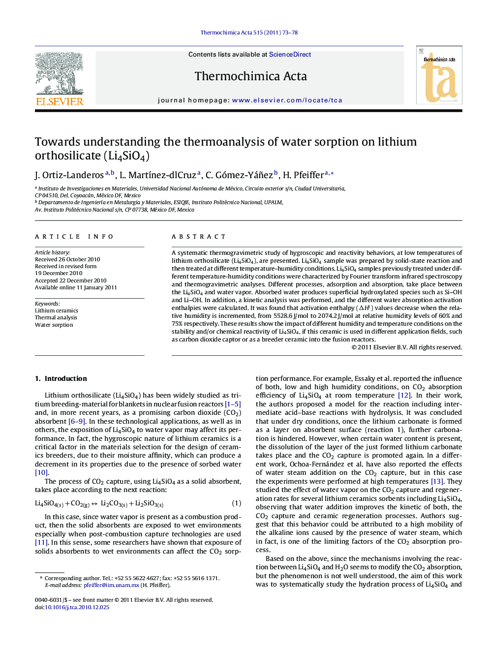 Towards understanding the thermoanalysis of water sorption on lithium orthosilicate (Li4SiO4)