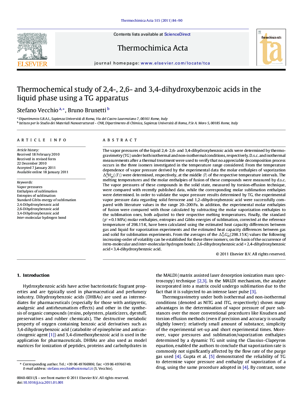 Thermochemical study of 2,4-, 2,6- and 3,4-dihydroxybenzoic acids in the liquid phase using a TG apparatus