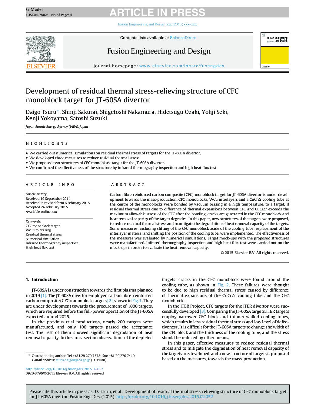 Development of residual thermal stress-relieving structure of CFC monoblock target for JT-60SA divertor