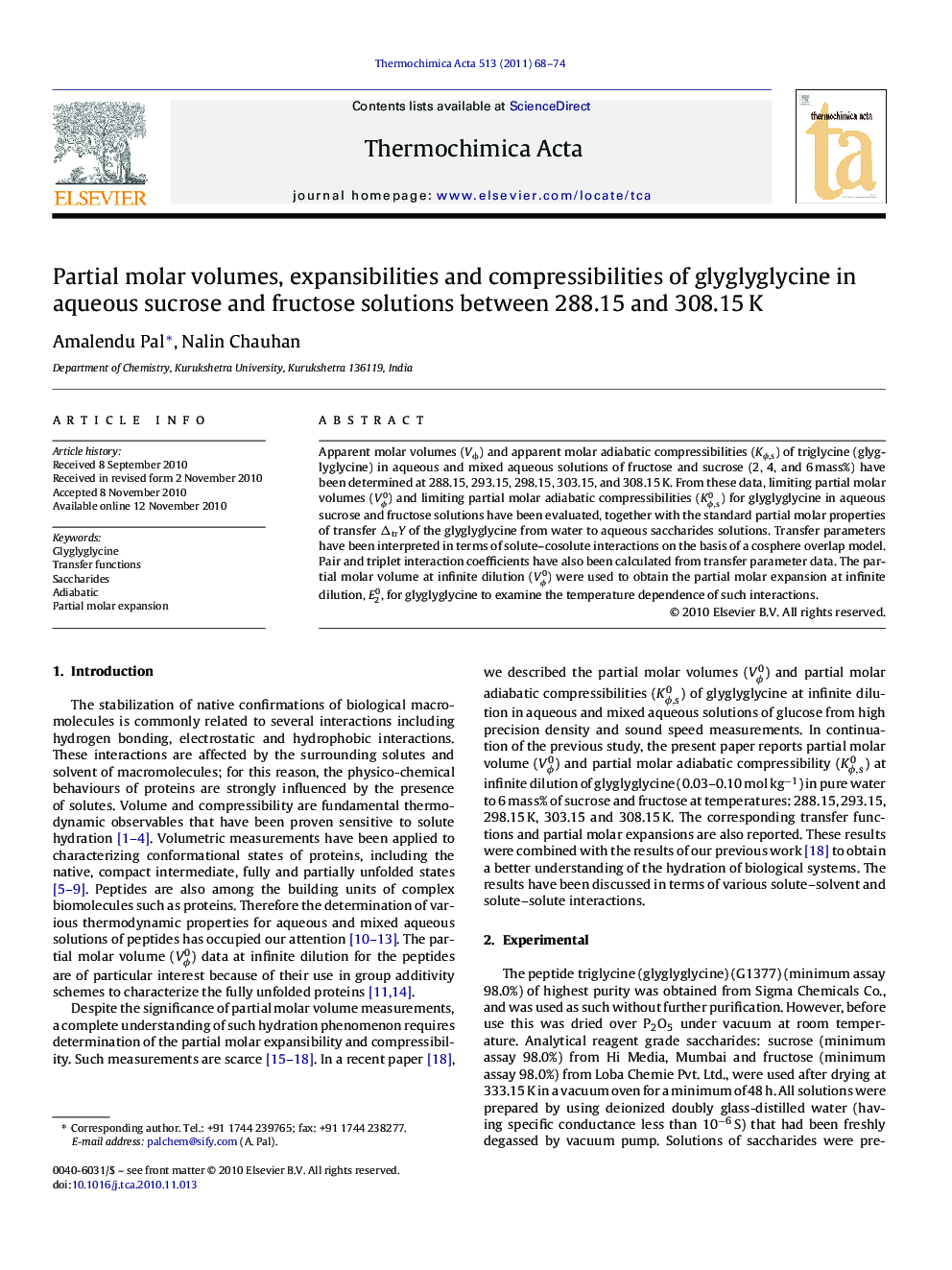 Partial molar volumes, expansibilities and compressibilities of glyglyglycine in aqueous sucrose and fructose solutions between 288.15 and 308.15 K