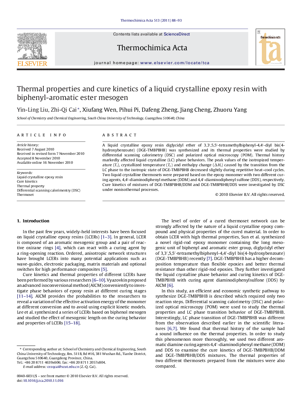 Thermal properties and cure kinetics of a liquid crystalline epoxy resin with biphenyl-aromatic ester mesogen