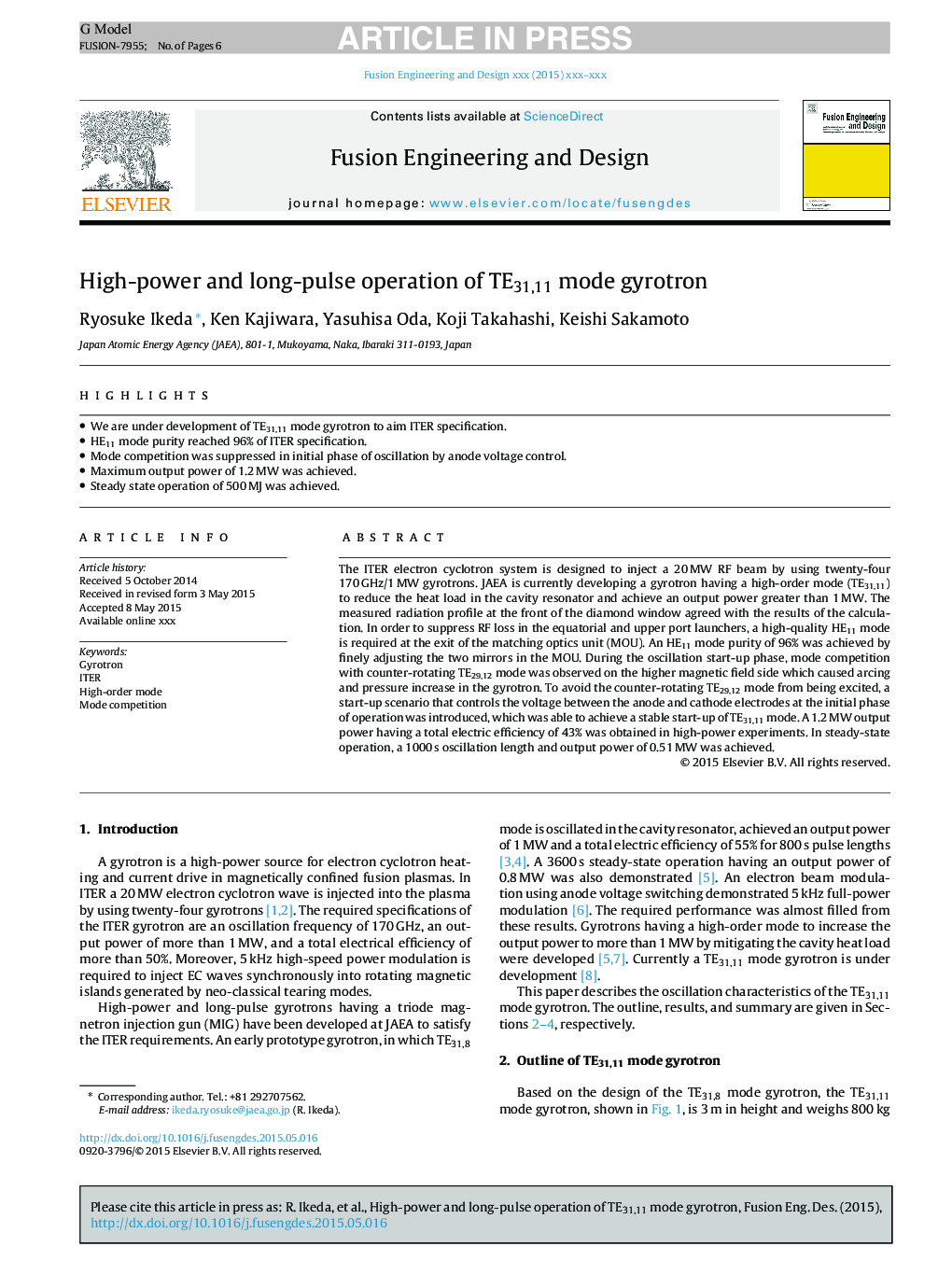 High-power and long-pulse operation of TE31,11 mode gyrotron