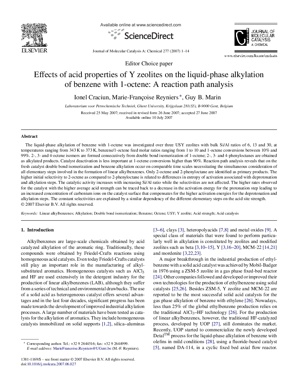 Effects of acid properties of Y zeolites on the liquid-phase alkylation of benzene with 1-octene: A reaction path analysis