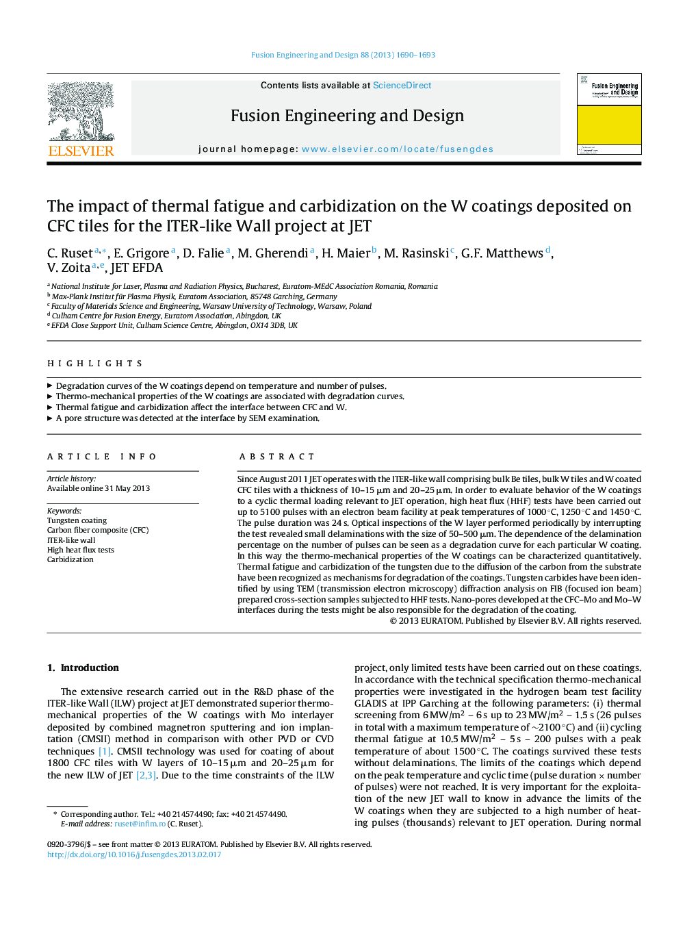 The impact of thermal fatigue and carbidization on the W coatings deposited on CFC tiles for the ITER-like Wall project at JET