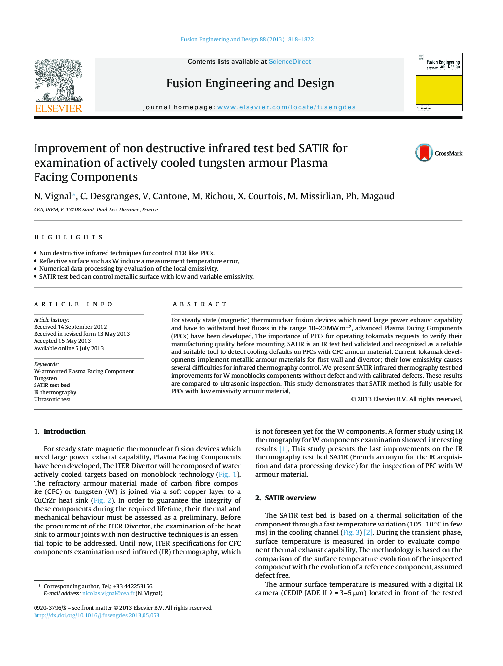 Improvement of non destructive infrared test bed SATIR for examination of actively cooled tungsten armour Plasma Facing Components