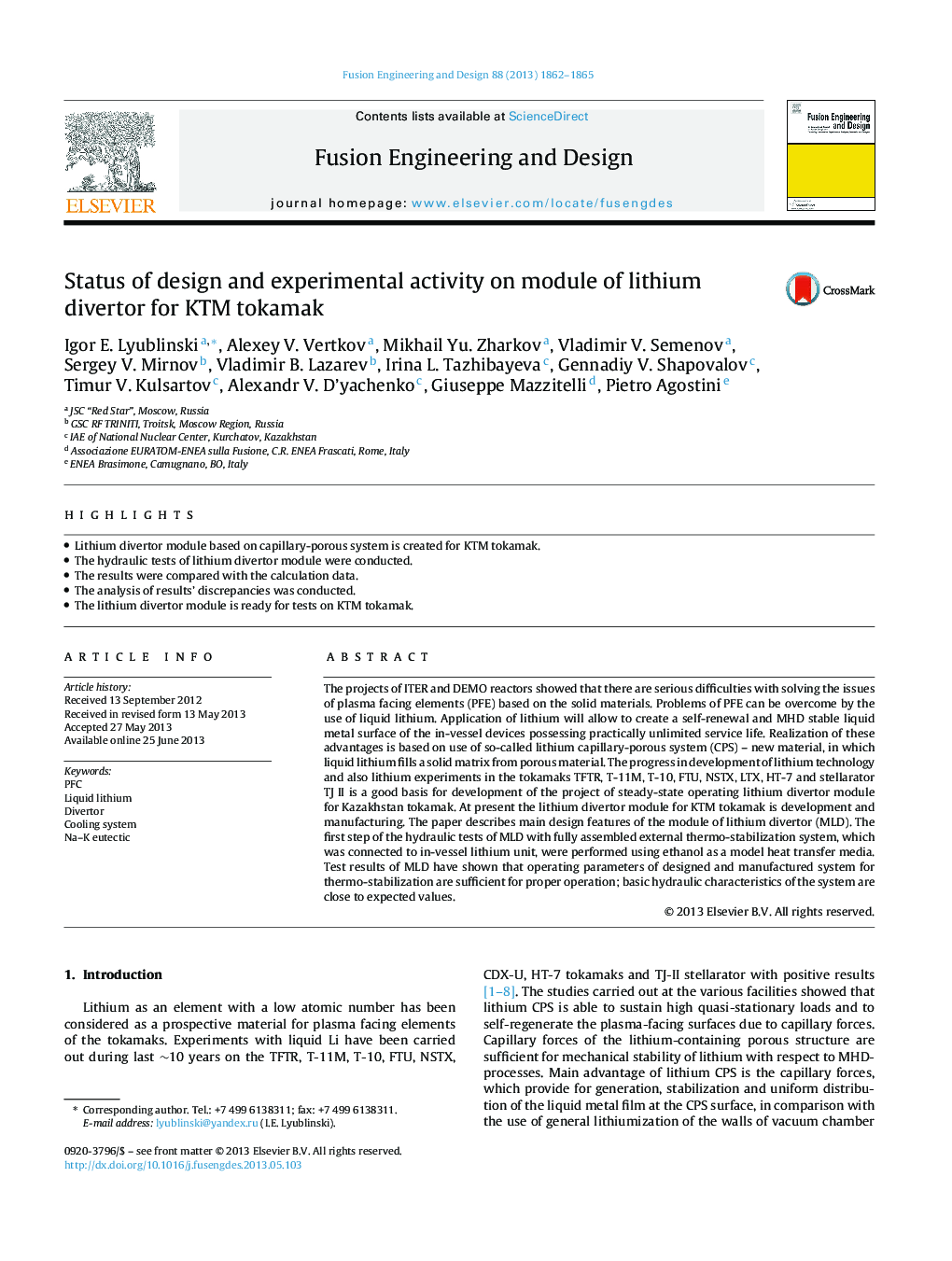 Status of design and experimental activity on module of lithium divertor for KTM tokamak