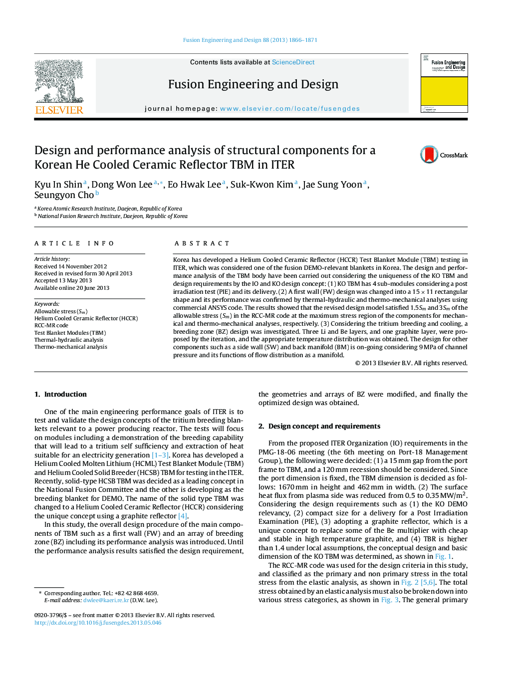 Design and performance analysis of structural components for a Korean He Cooled Ceramic Reflector TBM in ITER